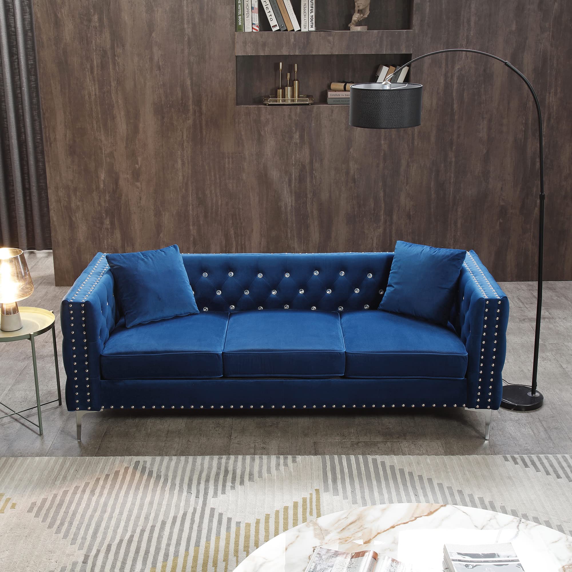 Harper & Bright Designs 2-Piece Blue Velvet Sofa Set with Jewel Buttons - 3-Seater Couch & Loveseat, Square Arm Modern Living Room Furniture with 4 Throw Pillows for Home, Office & Lounge Areas