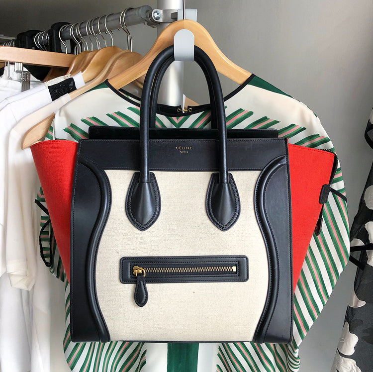 Celine Luggage Mini Tote Bag - Black & Red Tricolor Canvas Crossbody Purse for Women | Perfect for Work, Travel & Everyday Use