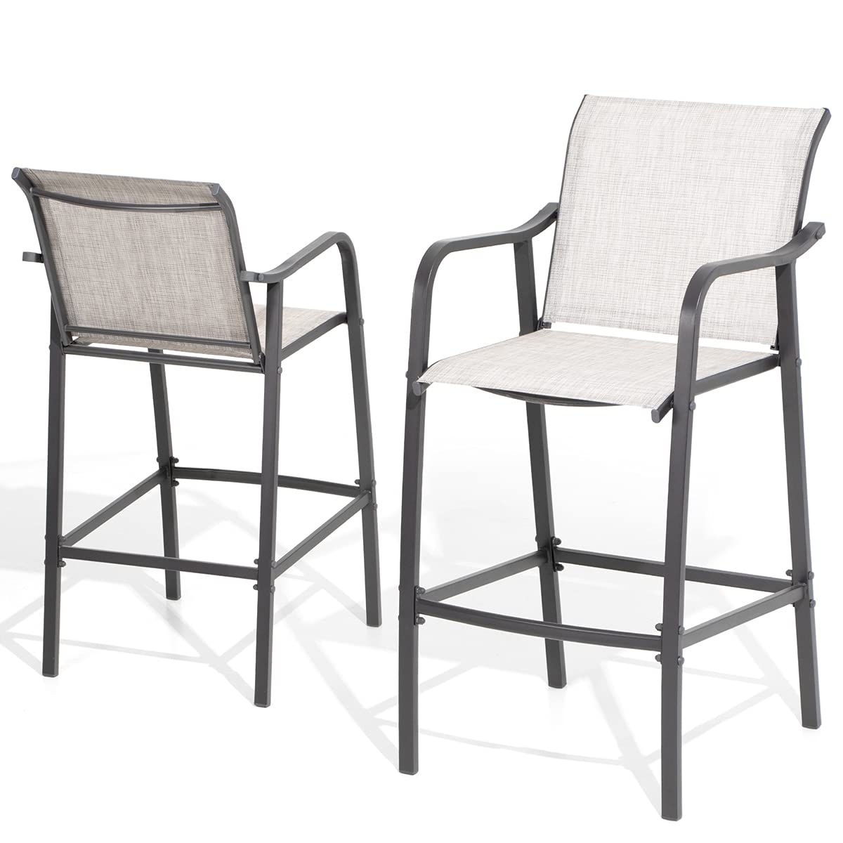Outdoor Metal Bar Stools Set of 2 - Counter Height Patio Chairs with Textilene Seat, Armrest & Footrest - Light Grey Steel Bar Stools for Backyard, Deck, Poolside & Outdoor Entertaining