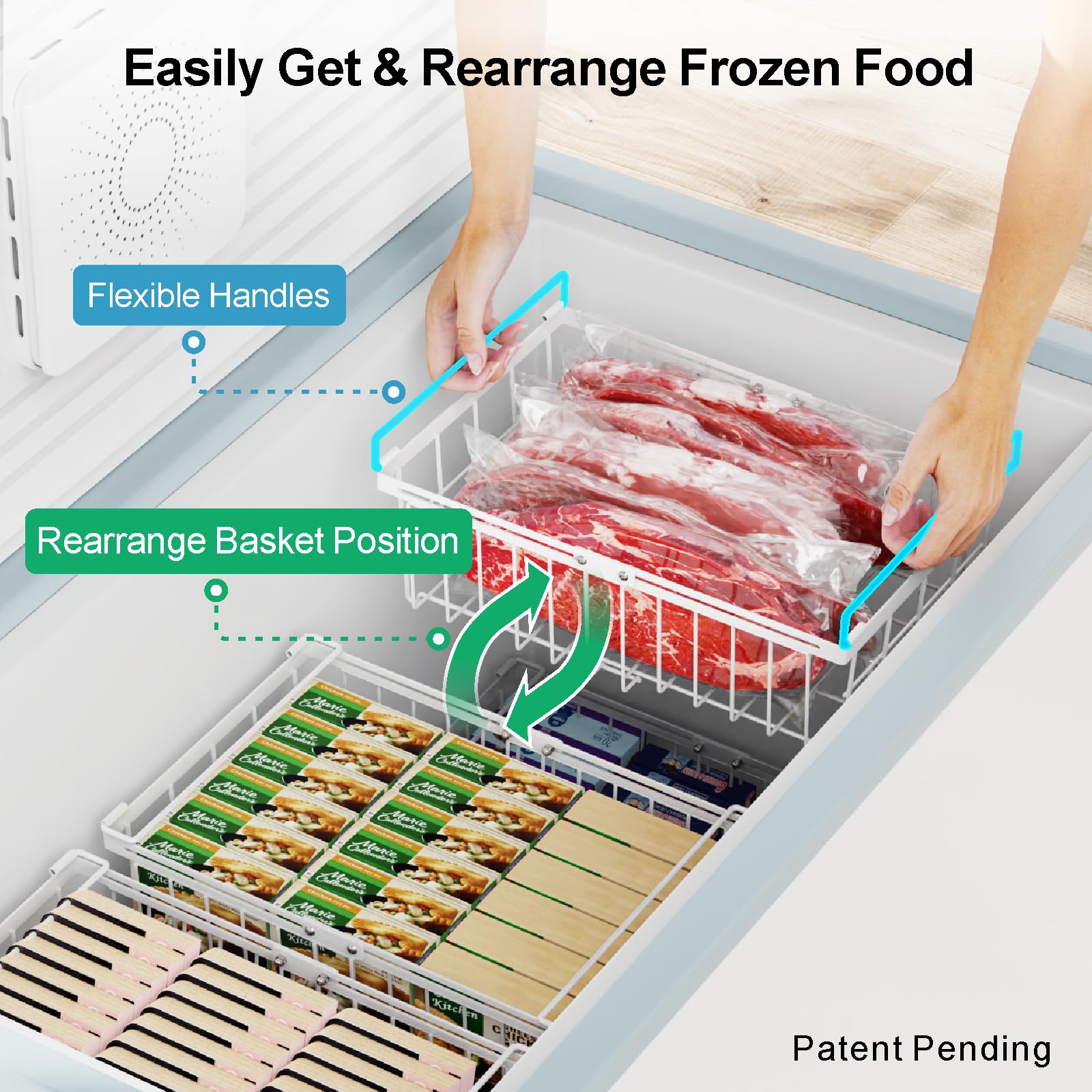 iSPECLE Freezer Organizer Bins - 4 Pack Large Expandable Stackable Chest Freezer Baskets for 10-20 Cu.FT Deep Freezers, Perfect for Organizing Frozen Food with Easy-Grip Handles, Improves Airflow (White) - Ideal for Home Kitchens, Garages, and Restaurants