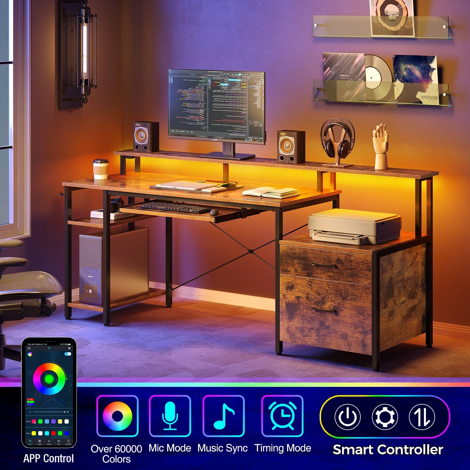 Rolanstar 59-inch Rustic Brown Computer Desk with LED Light, Power Outlets & File Drawer - Home Office Gaming Desk with Monitor Stand, Keyboard Tray & Storage Shelves - Perfect for Small Spaces, Work from Home & PC Gaming Setup