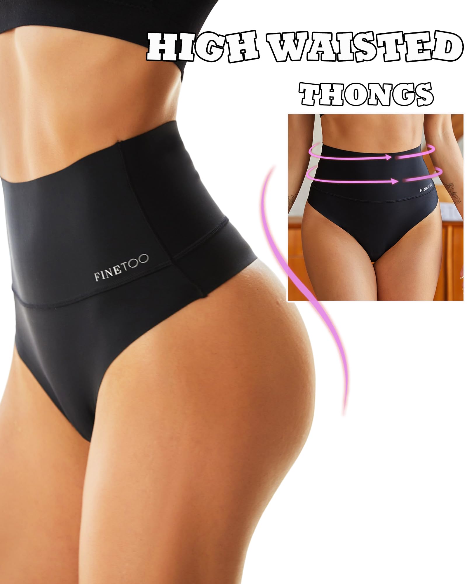 FINETOO Women's High Waisted Thong Underwear - Tummy Control Seamless Shapewear Panties No Show Comfort 4 Pack (S-3XL) for Everyday Wear, Workout & Special Occasions