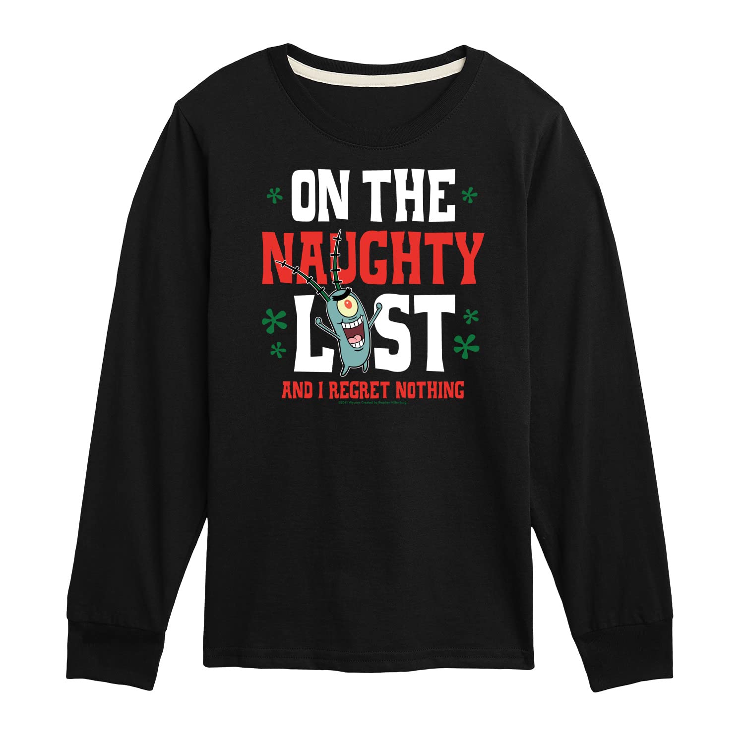 HYBRID APPAREL Spongebob Squarepants Plankton Naughty List Graphic T-Shirt - Long Sleeve Toddler & Youth Tee - Funny Cartoon Character Shirt for Kids Birthday & Christmas Gifts