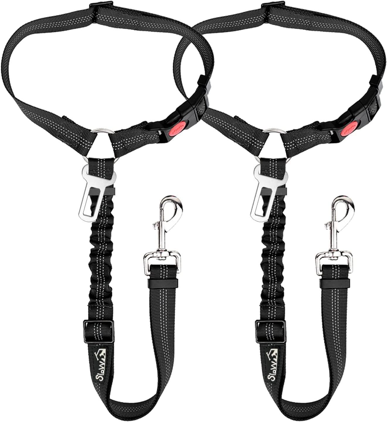 SlowTon 2-Pack Adjustable Dog Seat Belt for Cars - Elastic Bungee Buffer Safety Harness with Reflective Tether (Black) | Headrest + Clip Attachment | Perfect for Road Trips & Pet Travel Safety