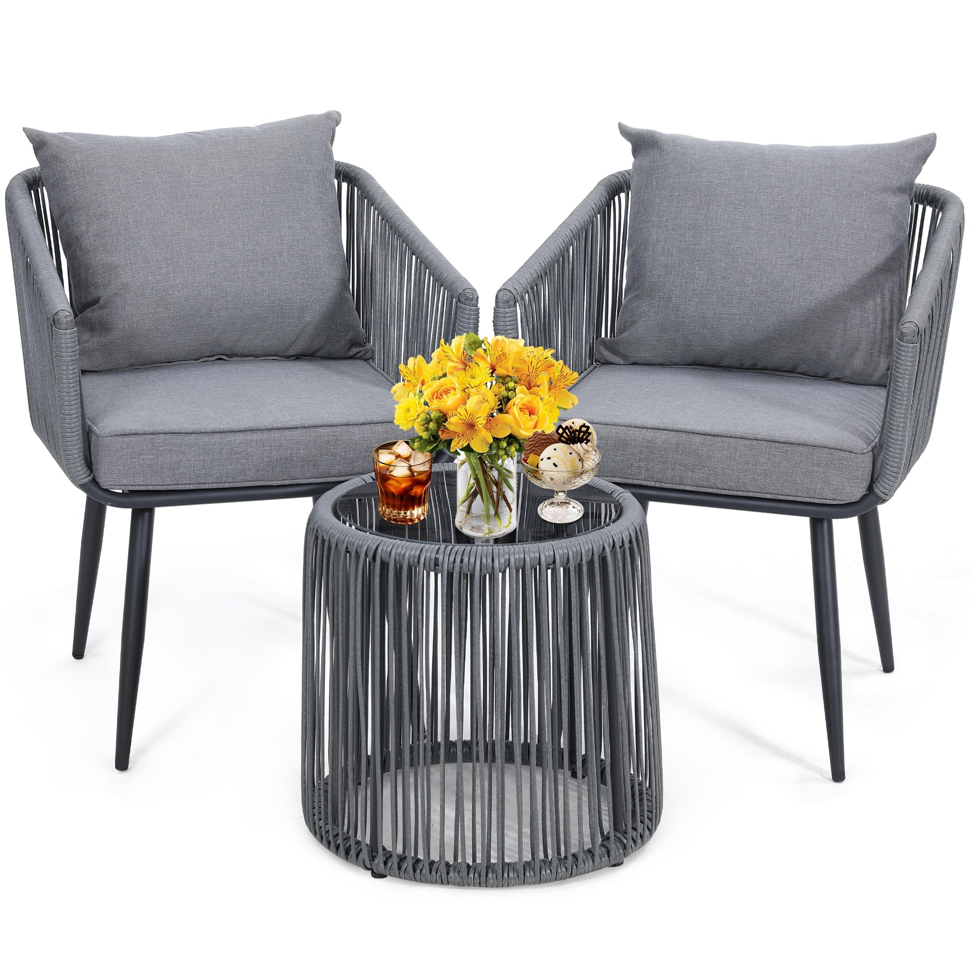 3-Piece Patio Rattan Bistro Set - All-Weather Wicker Outdoor Furniture with Chairs & Side Table - Perfect for Balcony, Porch, Backyard & Garden - Weather-Resistant Grey Rattan Conversation Set for Relaxing, Entertaining & Outdoor Dining