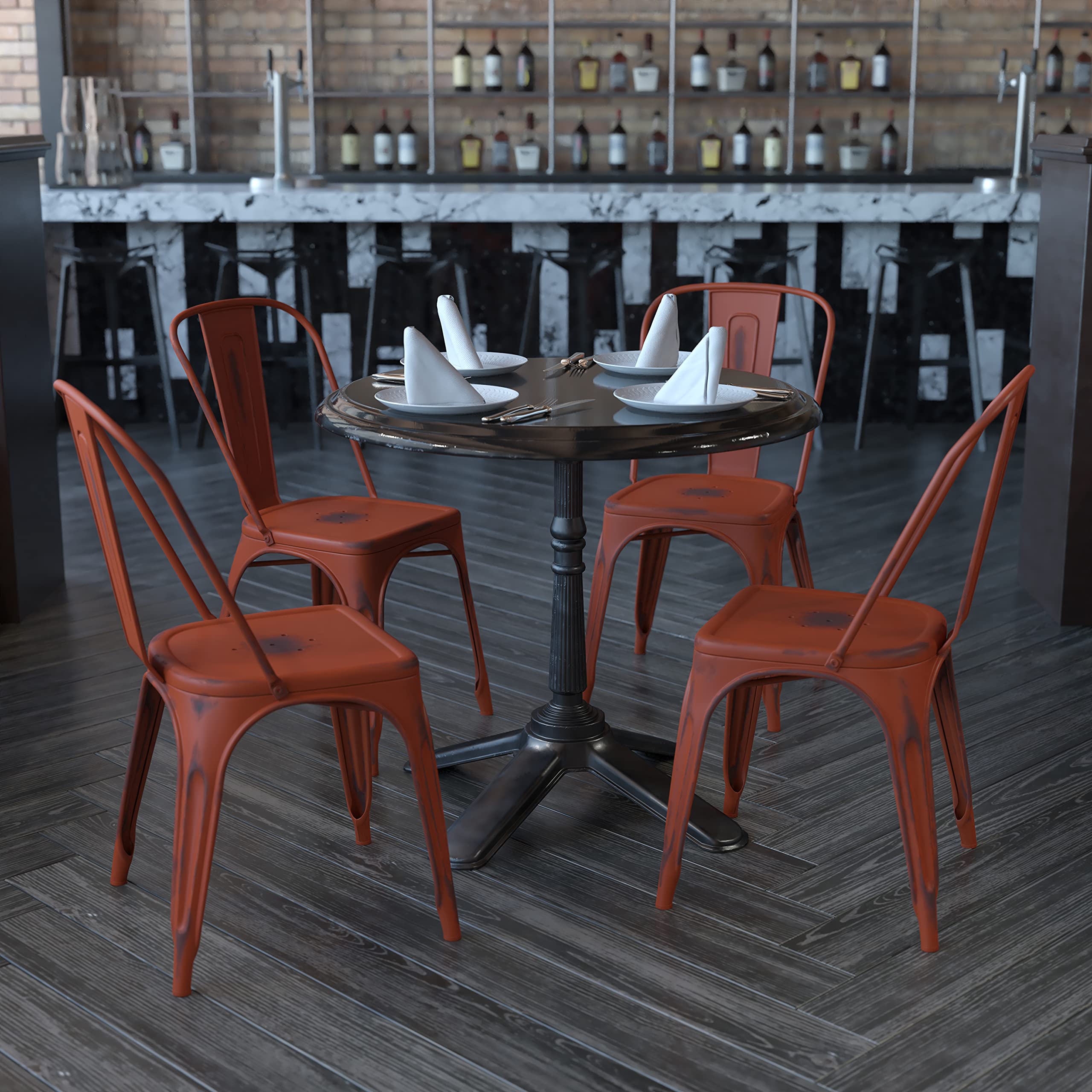 4 Pack Distressed Kelly Red Metal Stack Chairs - Indoor & Outdoor Use - Durable Kitchen & Patio Furniture for Dining, BBQ, and Garden Parties