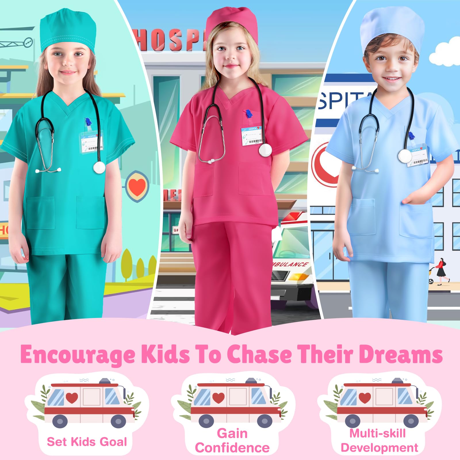 Kids Doctor Costume Set with Scrubs & Accessories - Halloween Dress Up for Toddlers & Children | Pretend Play, Role Play, Halloween Party Costume