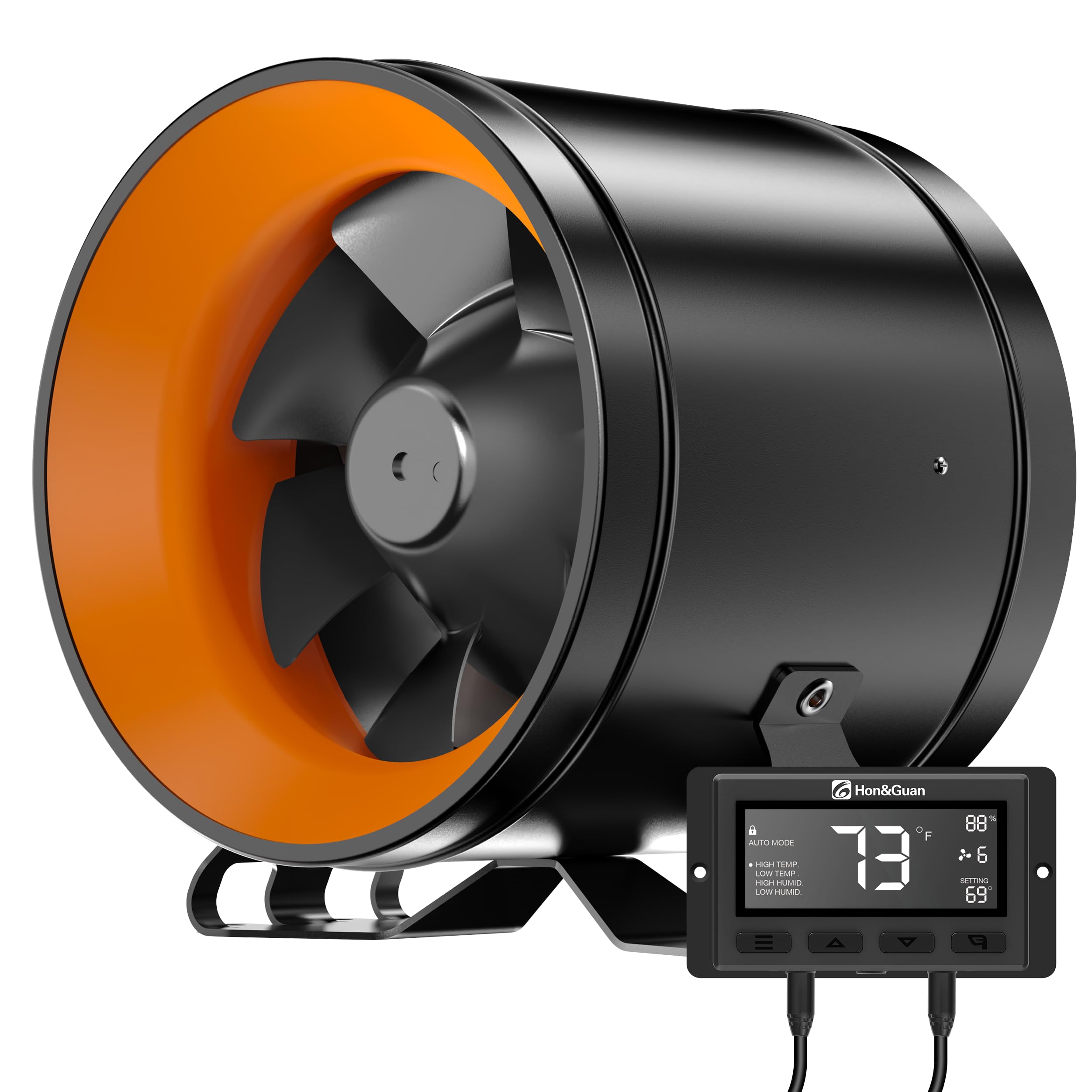 Hon&Guan PRO 6 Inch Inline Duct Fan - 405 CFM High Performance Ventilation with Quiet EC Motor & Smart Temperature Humidity Controller - HVAC Exhaust Fan for Grow Tents, Hydroponics, Greenhouses, Home Heating and Cooling Systems (Black & Orange)