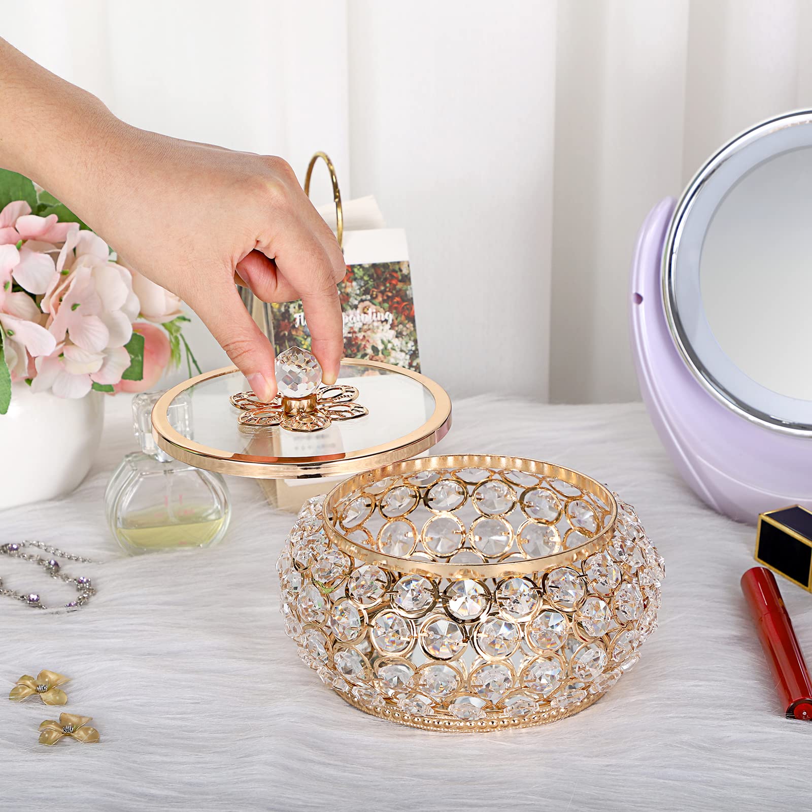 Hipiwe Large Gold Mirrored Jewelry Box with Glass Lid - Crystal Decorative Storage Box for Rings, Earrings, Necklaces - Perfect Gift for Women & Girls - Ideal for Vanity, Dresser, and Travel Organization