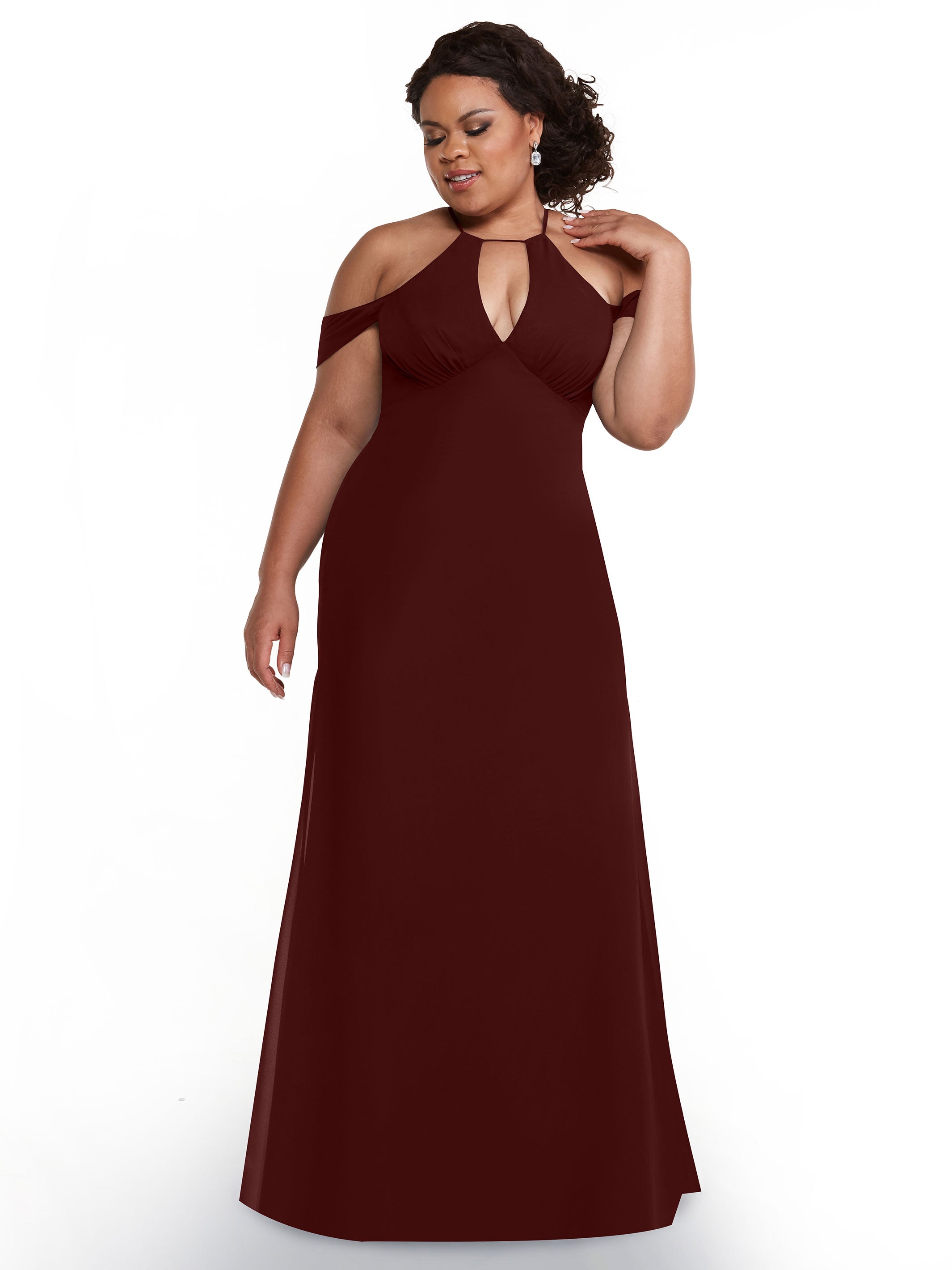 Elegant Off The Shoulder Chiffon Bridesmaid Dress with Halter Neckline - Perfect for Weddings, Formal Events & Special Occasions