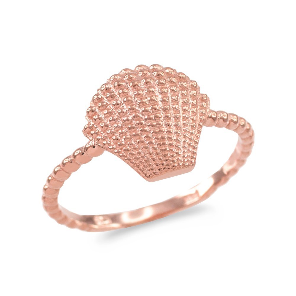 10k Rose Gold Seashell Beaded Band Ring for Women - Dainty Beach Jewelry Gift for Her - Perfect for Vacation, Wedding, and Everyday Wear