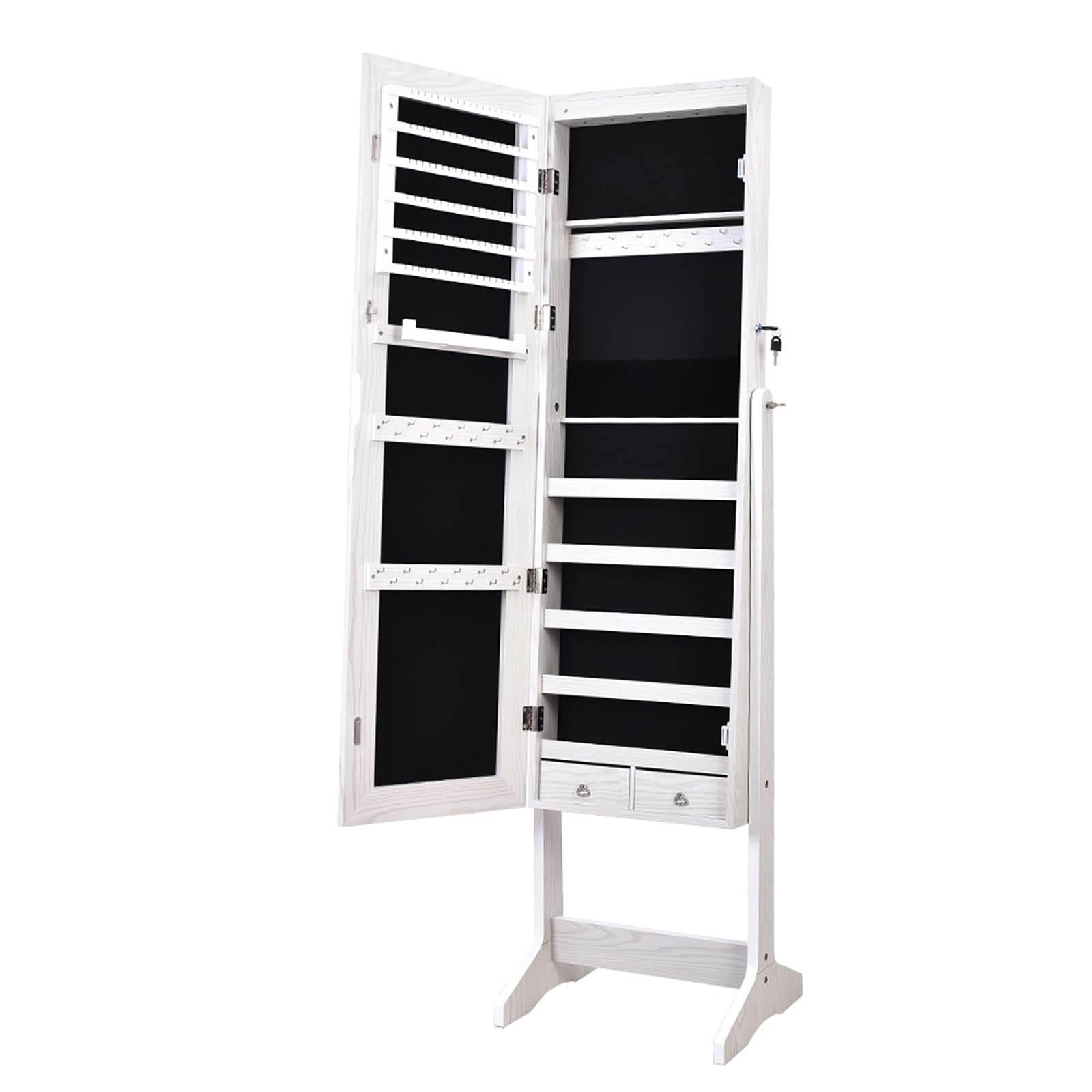 Mushugu GT3-DL Full Length Mirror with Makeup Vanity - 2 Drawers & 5-Tier Storage Cabinet, Solid Wood Pattern, I-Shaped Base, LED Lighting - White (Perfect for Bedroom, Dressing Room & Jewelry Organization)