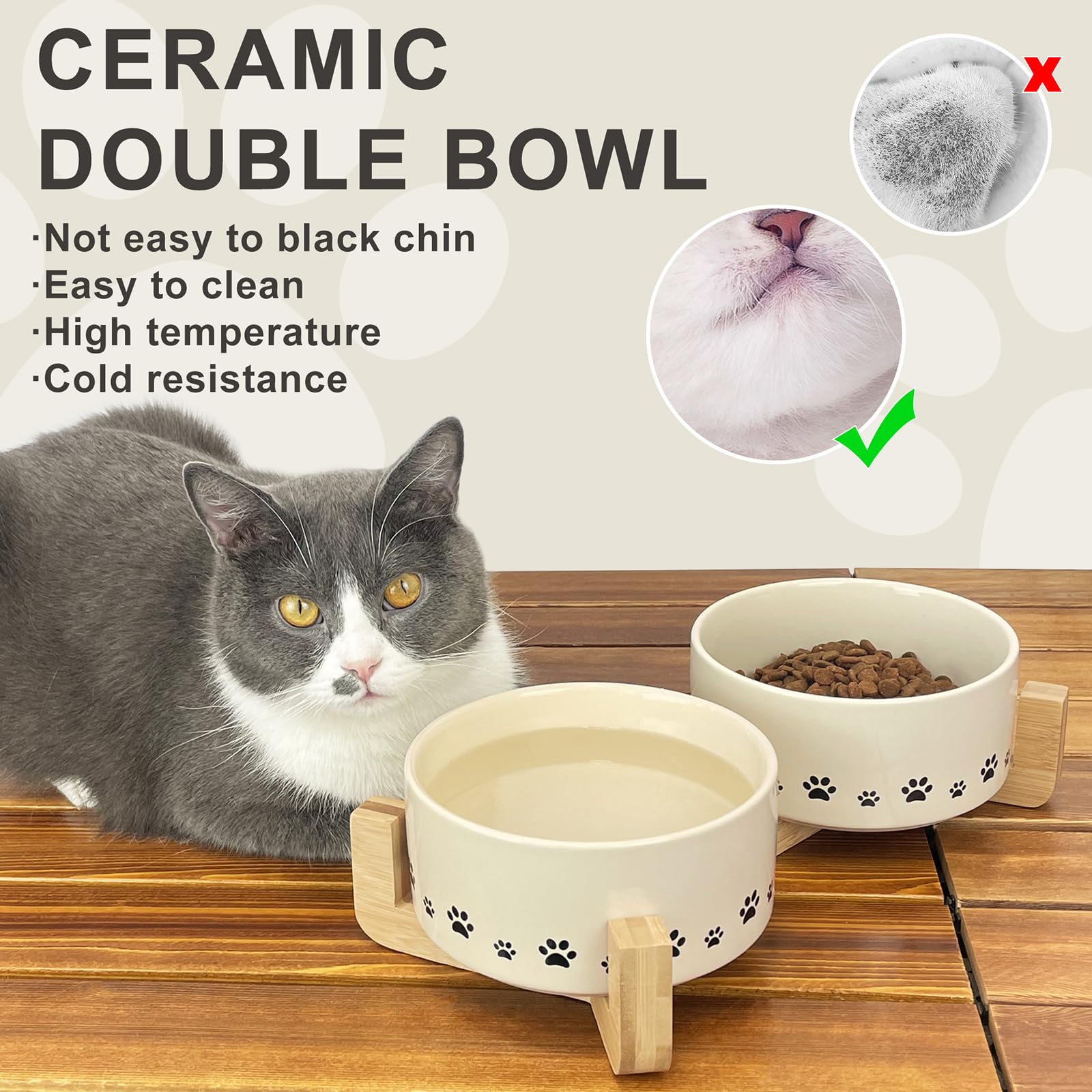 Ceramic Raised Dog and Cat Bowls Set with Anti-Slip Wooden Stand - Weighted Pet Food & Water Dishes for Small, Medium & Large Pets - 14oz Beige - Perfect for Home, Kitchen, and Outdoor Feeding Stations