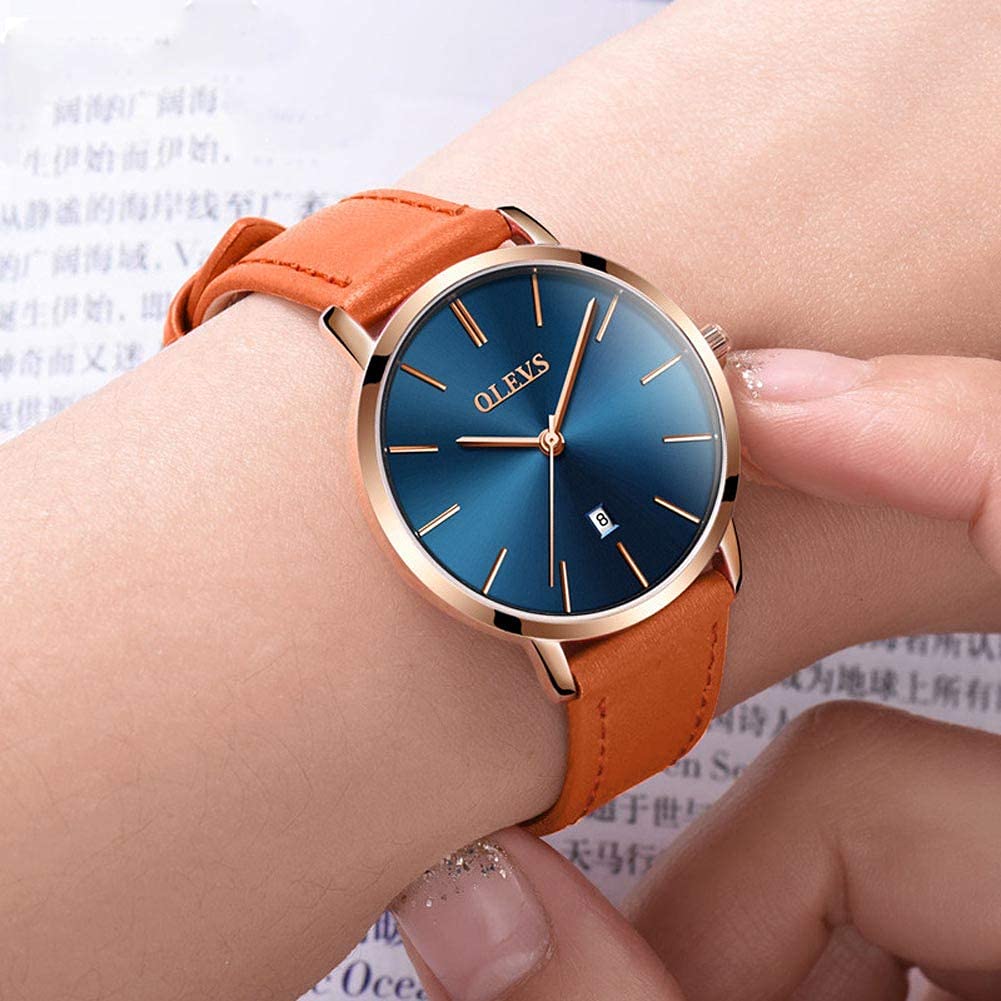 OLEVS Women's Waterproof Analog Quartz Watch - Ultra Thin Leather Strap with Date Calendar, Fashion Yellow Wristwatch for Everyday Wear, Office & Casual Outfits | Perfect Gift for Women
