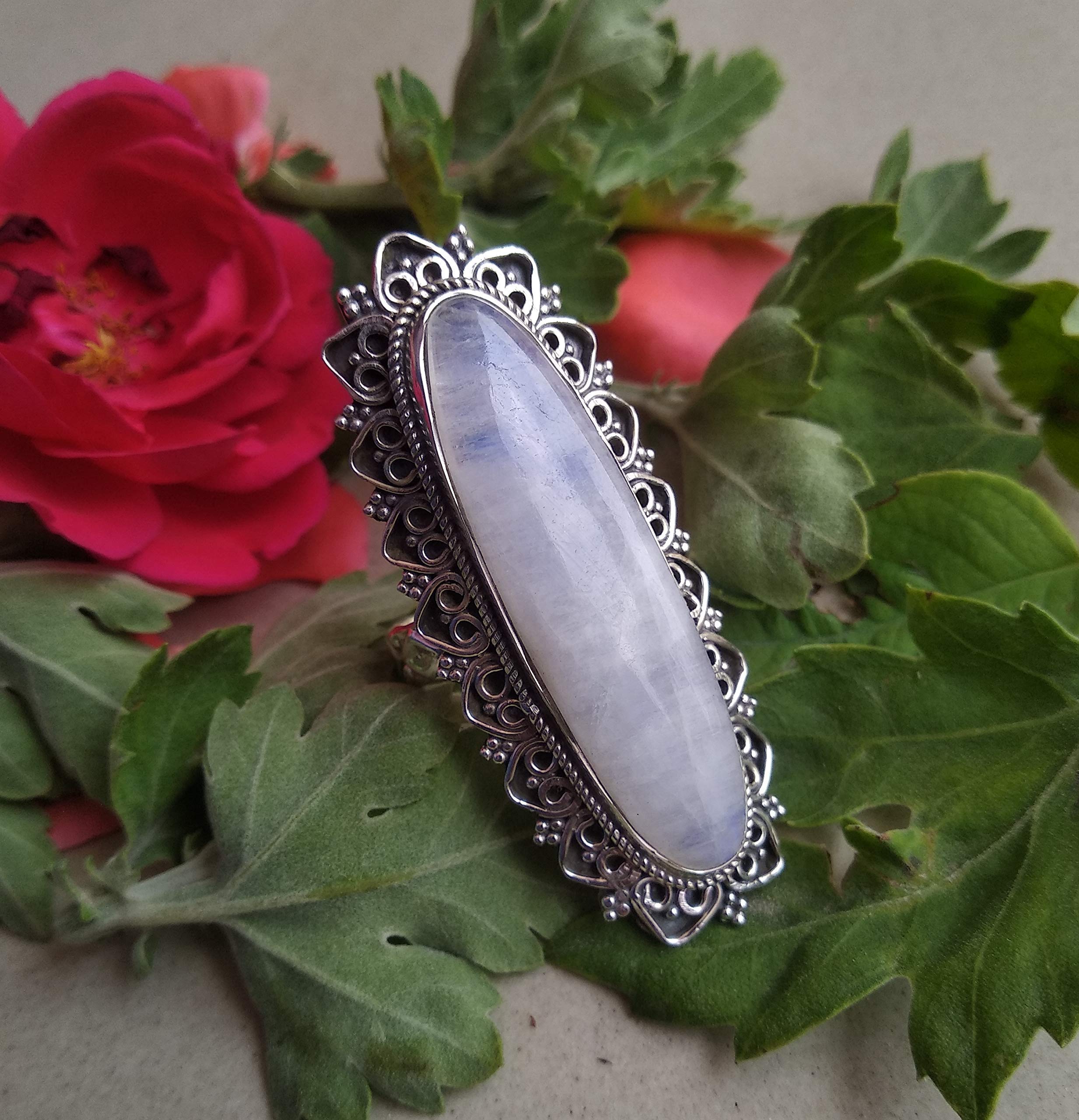 Blue Fire Moonstone Ring - Sterling Silver Statement Ring with Long Gemstone, Antique Boho Handmade Jewelry for June Birthstone, Unique Engagement & Victorian Style Ring | Perfect for Weddings, Anniversaries & Boho Fashion
