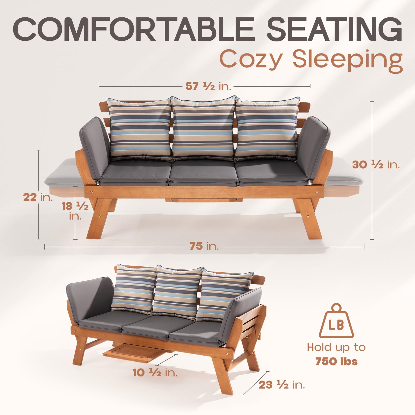 Idzo Amelie Outdoor Daybed Sofa - 750lbs Weight Capacity, Convertible Sleeper Chair with Armrests & Coffee Tray, Includes 3 Comfort Pillows, FSC Certified Wood Frame in Modern Gray - Perfect for Patio, Poolside, Garden or Backyard Relaxation