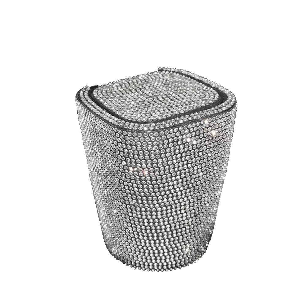 Car Diamond-Encrusted Ashtray with LED Lights - Windproof Odor-Proof Cover - Bling Bling Mini Car Trash Can for Office, Bedroom, Living Room, Study, Bathroom, Dining Room - Perfect for Cars, Home & Travel (White)