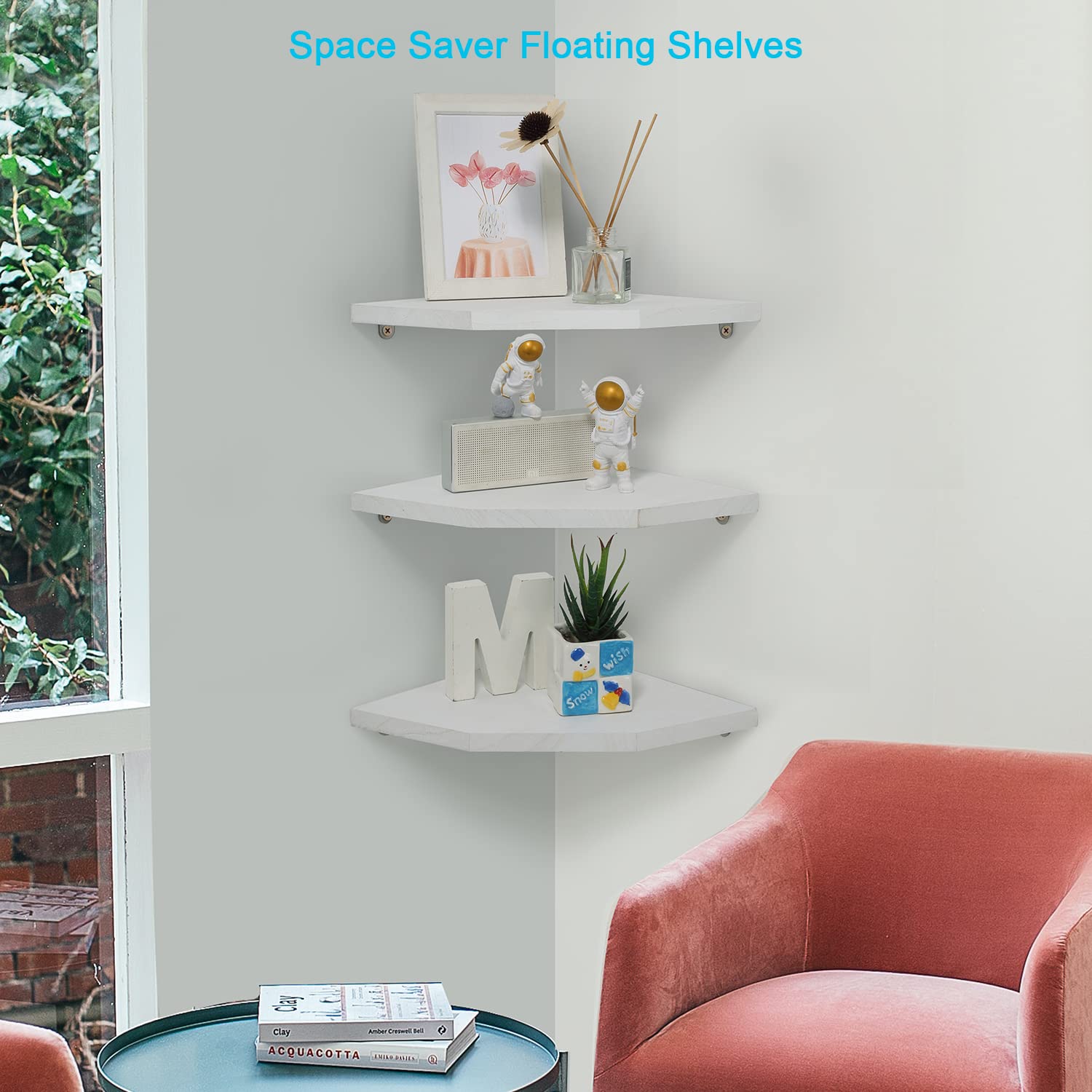 Joiishom 3-Piece Corner Wall Shelf Set - Floating Rustic Wood Shelves for Living Room, Bedroom, Bathroom & Kitchen - Wall Storage & Display Shelves (Fan-Shaped, White) - Perfect for Small Spaces, Home Decor & Organizing Essentials