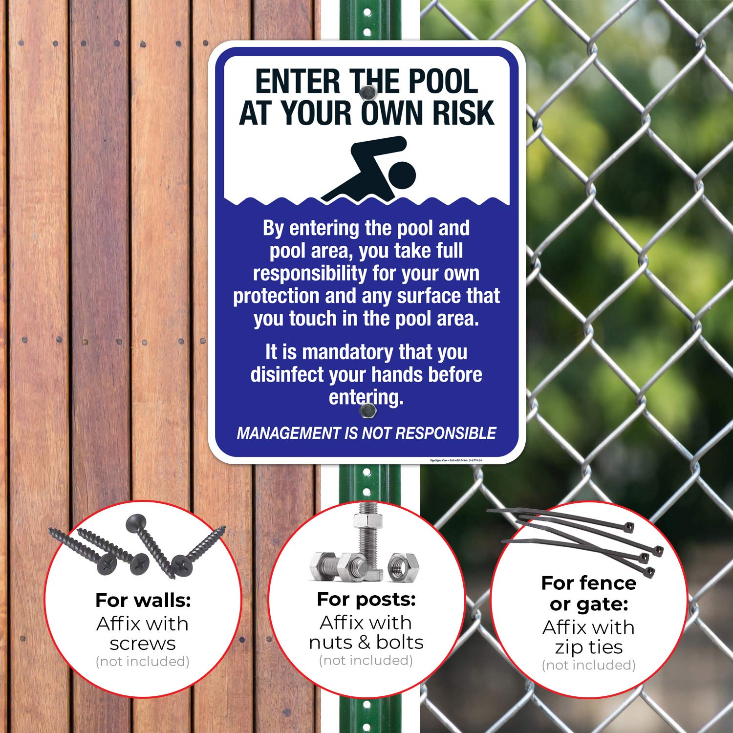 Enter The Pool at Your Own Risk Sign - 18x24 Inches Rust-Free .063 Aluminum Pool Warning Sign - Fade Resistant Indoor/Outdoor Safety Sign - Made in USA - Perfect for Backyard Pools, Community Centers & Water Parks