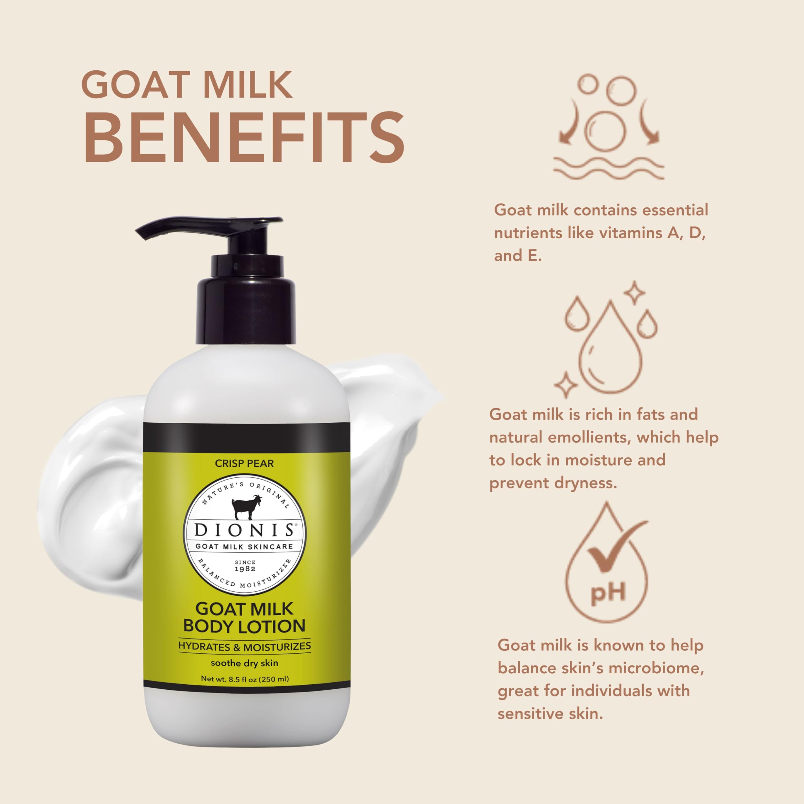 Dionis Goat Milk Body Lotion for Dry Skin - 8.5 oz Moisturizing Cream with Vitamins & Minerals | Cruelty-Free, Paraben-Free Formula | Crisp Pear Scented | Perfect for Daily Hydration & Skincare Routine