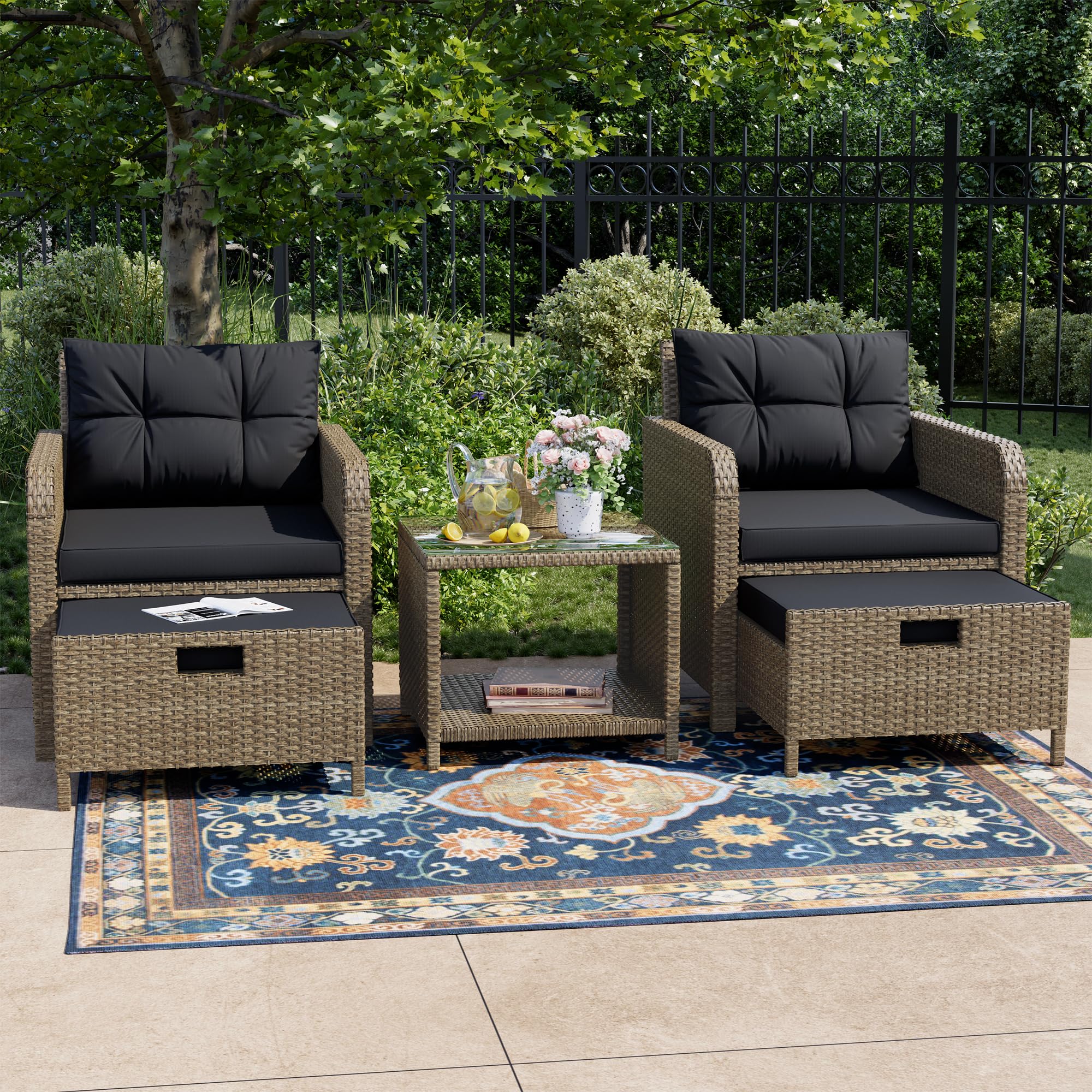 5-Piece PE Wicker Rattan Patio Conversation Set with Cushions - Outdoor Balcony Furniture with 2 Lounge Chairs, Ottoman & Glass Table - Perfect for Porch, Lawn, Garden and Backyard Relaxation