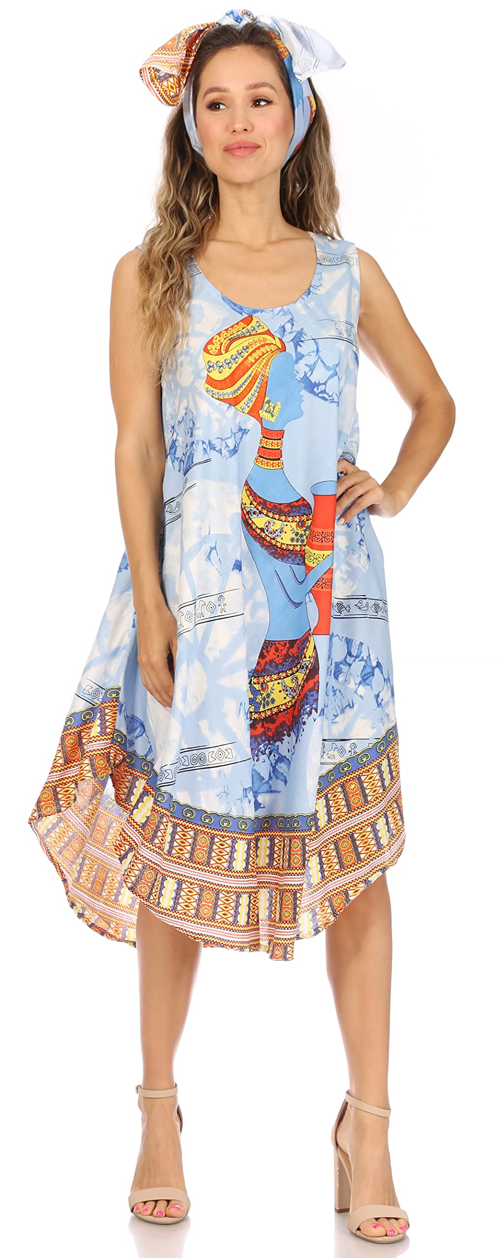 Sakkas Urbi Women's African Print Beach Cover Up Dress - Sleeveless Casual Caftan for Summer Vacation, Pool Party & Boho Fashion