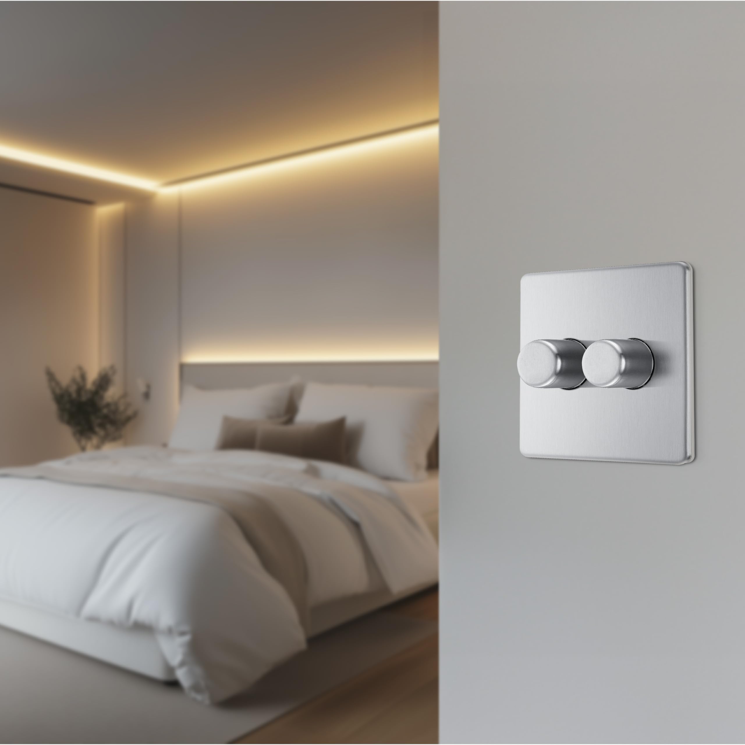 BG Electrical Smart 2-Way Double Wall Dimmer Switch - Screwless Flat Plate, Brushed Steel Finish, 200W, FBS82 - Perfect for Modern Homes & Smart Lighting Control