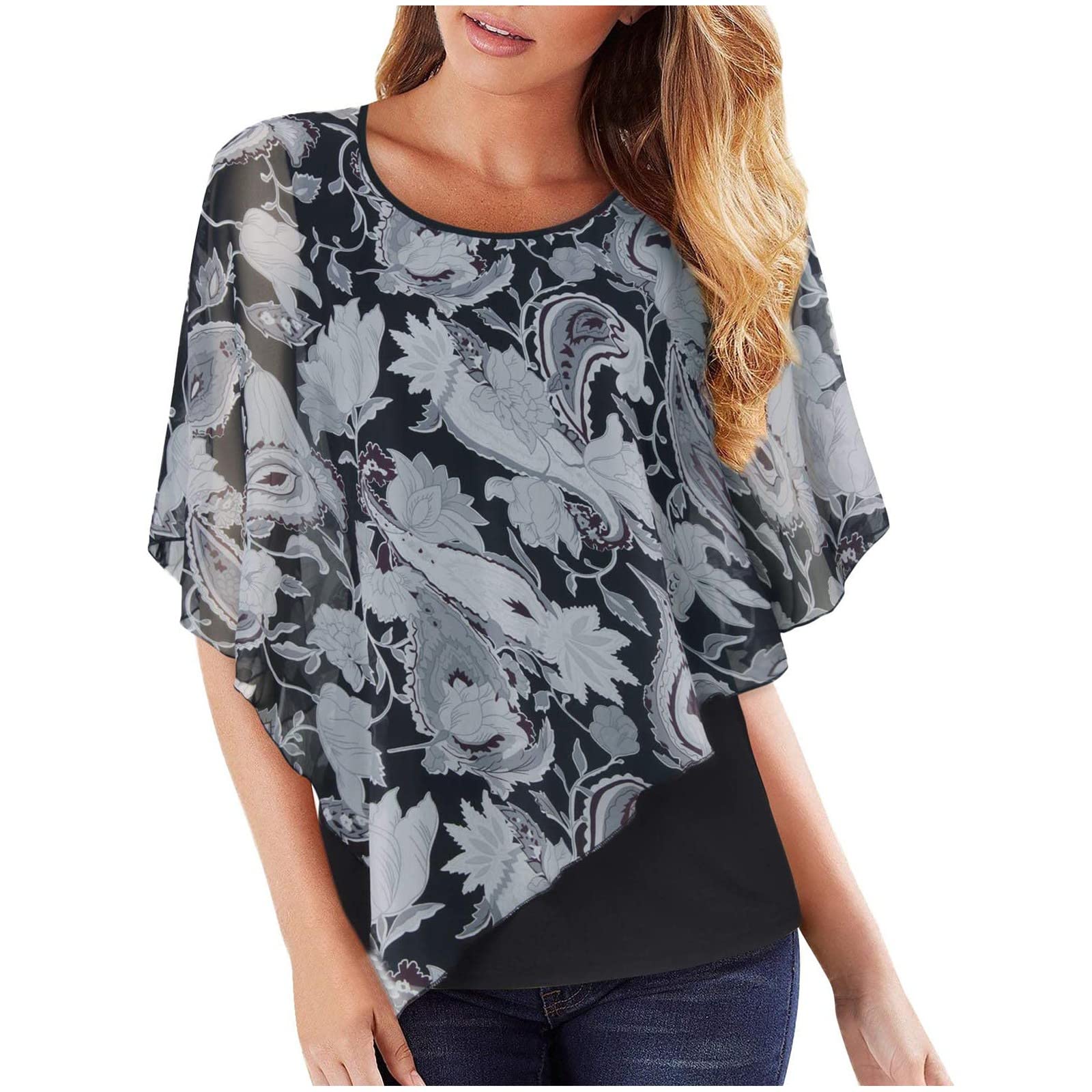 Women's Chiffon Overlay Layered Blouse - Soft Flowy Short Sleeve Round Neck Casual Top | Perfect for Office Wear, Summer Outfits & Boho Style