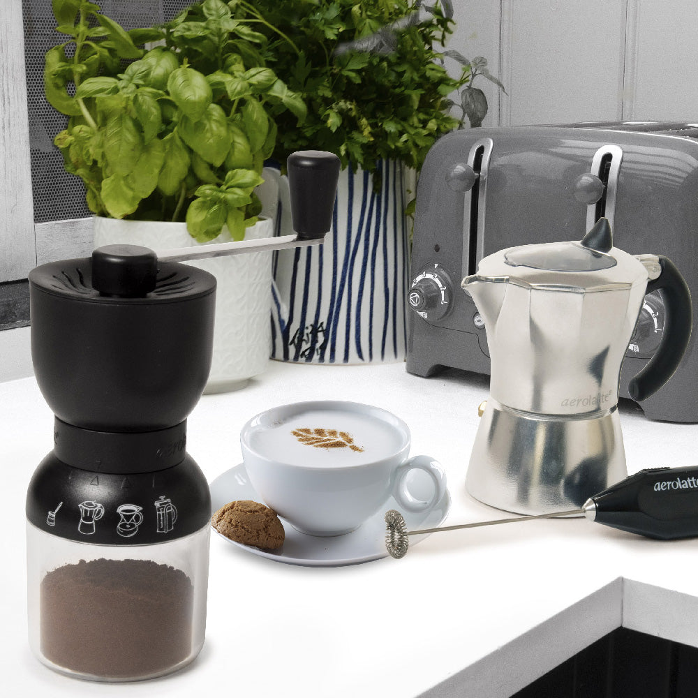Premium AEROLATTE Manual Coffee Grinder - Portable Hand Crank Burr Mill for Espresso, French Press & Pour Over - Perfect for Camping, Travel & Home Brewing