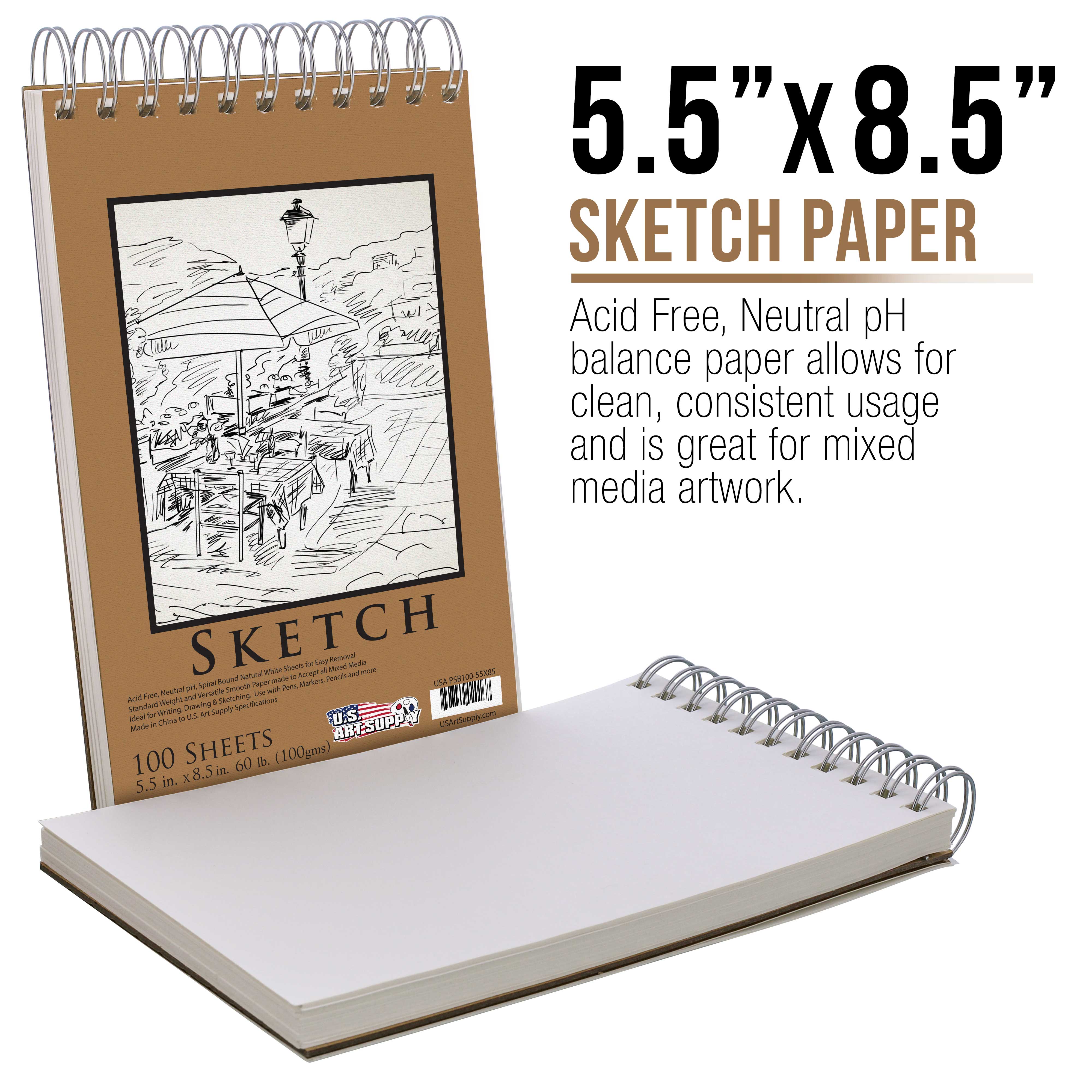 Premium 5.5x8.5 Inch Spiral Bound Sketch Book - 2 Pack, 100 Sheets Each, 60lb (100gsm) Acid-Free Paper - Artist Sketchbook & Drawing Pad for Adults, Students - Perfect for Sketching, Doodling, Art Classes & Travel Journaling