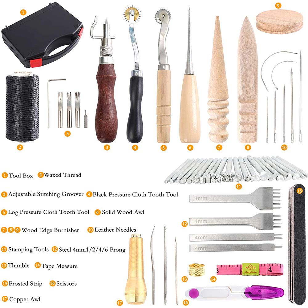 59-Piece Leather Craft Punch Tool Kit with Prong Punch, Stamping Tools & Wax Ropes - Complete Leather Working Tools Set for DIY Leather Crafting, Repairing & Leatherworking Projects