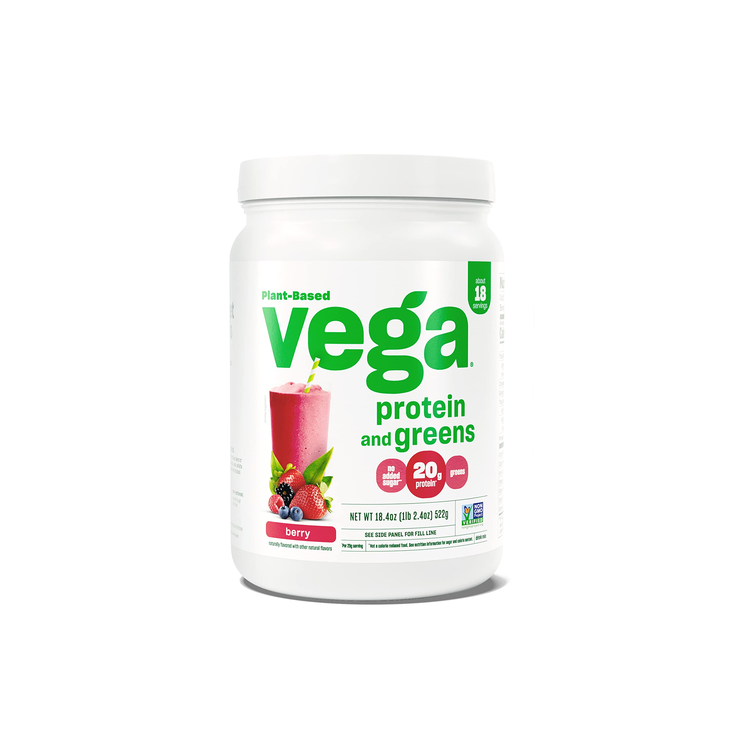 Vega Protein and Greens Plant-Based Protein Powder, Berry Flavor - 20g Vegan Protein with Superfood Greens, Non-GMO, Gluten-Free Pea Protein for Men & Women, 1.2 lb (Packaging May Vary) - Perfect for Post-Workout Recovery, Smoothies and Healthy Meal Replacement