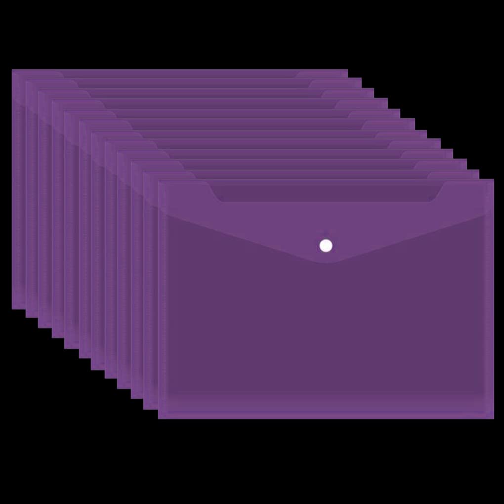 12-Pack A4 Plastic Wallets Folder - Clear Document Organizer, Waterproof Transparent Filing Envelopes for Letter Paper, School, Office & Home Organization (Purple)