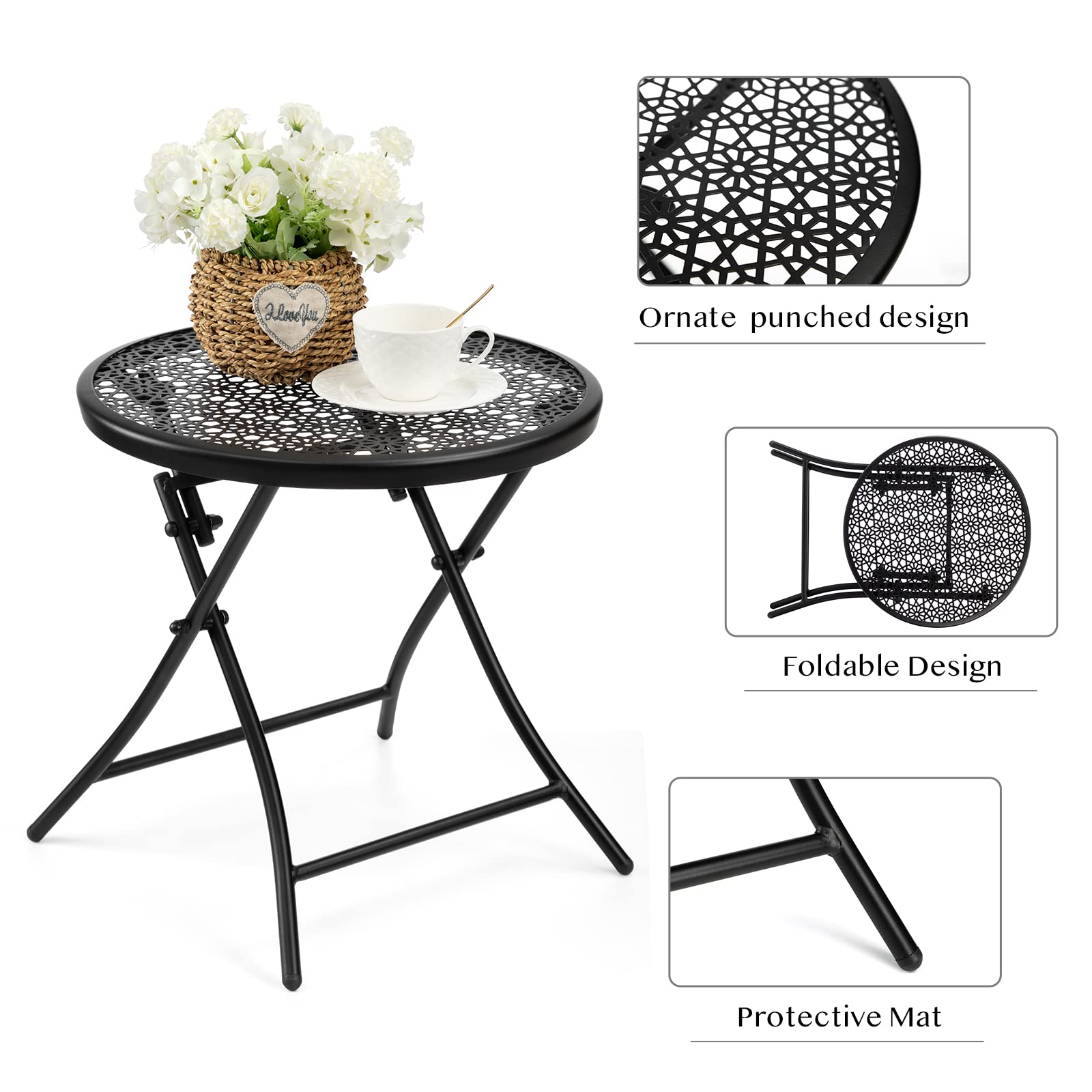 TeoKJ Folding Outdoor Side Table - Rust-Resistant Round Metal Patio Table with Floral Cutouts for Porch, Yard, Balcony, Deck & Lawn - Perfect for Outdoor Dining, BBQ Parties & Relaxing in Black