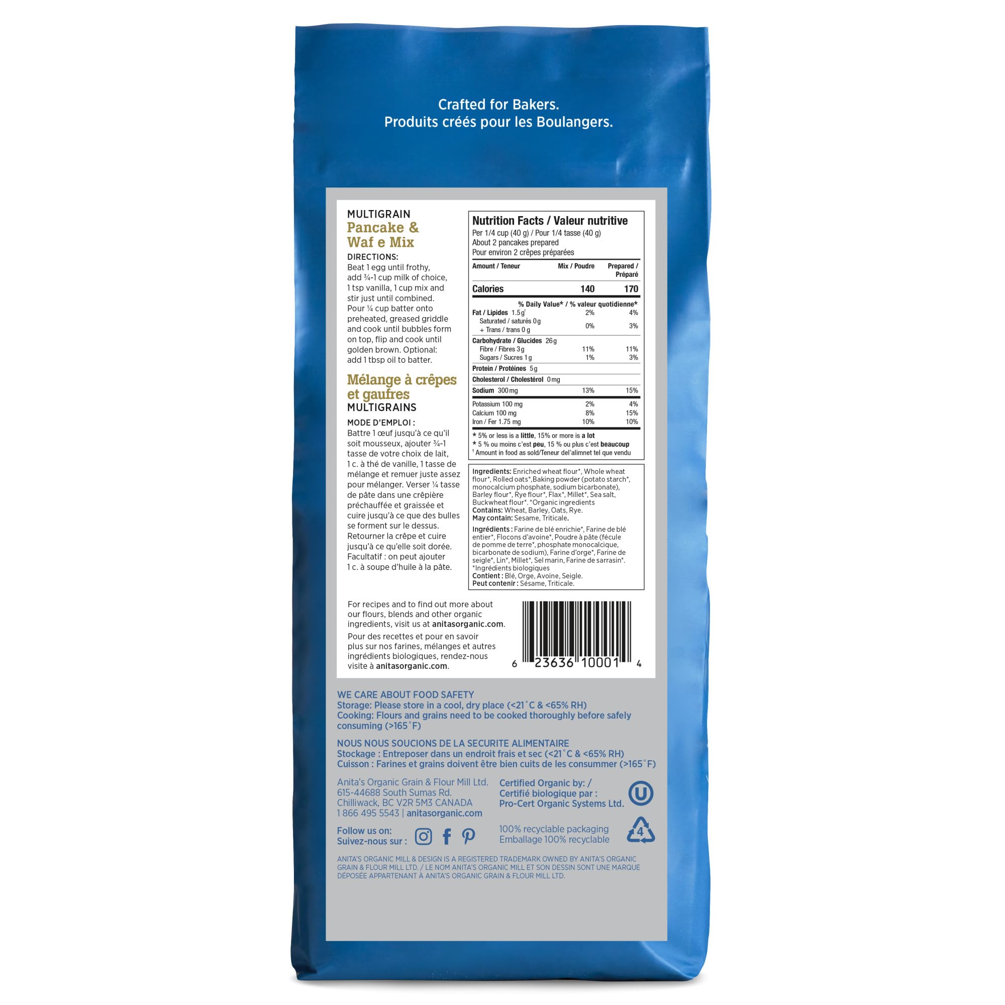 Anita’s Organic Mill - Organic Multigrain Pancake & Waffle Mix, 1kg (2.2 lbs) | Non-GMO, Gluten-Free, Vegan | Perfect for Breakfast, Brunch & Family Gatherings | Made in Canada