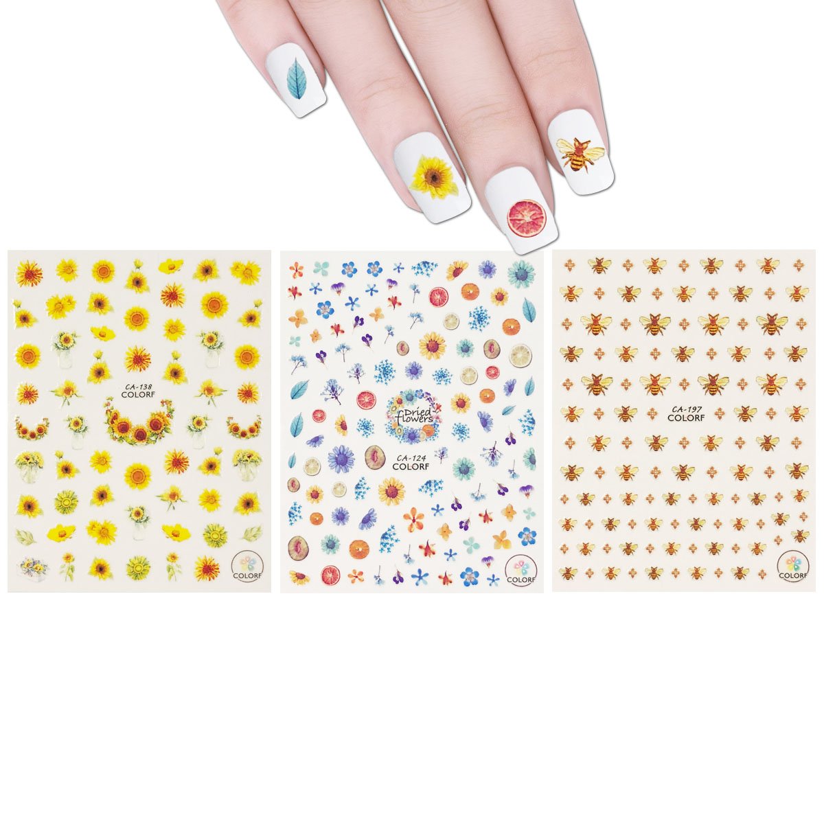 ALLYDREW 3 Sheets Vibrant Bee & Sunflower Nail Art Stickers - Cute Summer Nail Designs for Manicure, DIY Home Salon & Party Nail Decorations