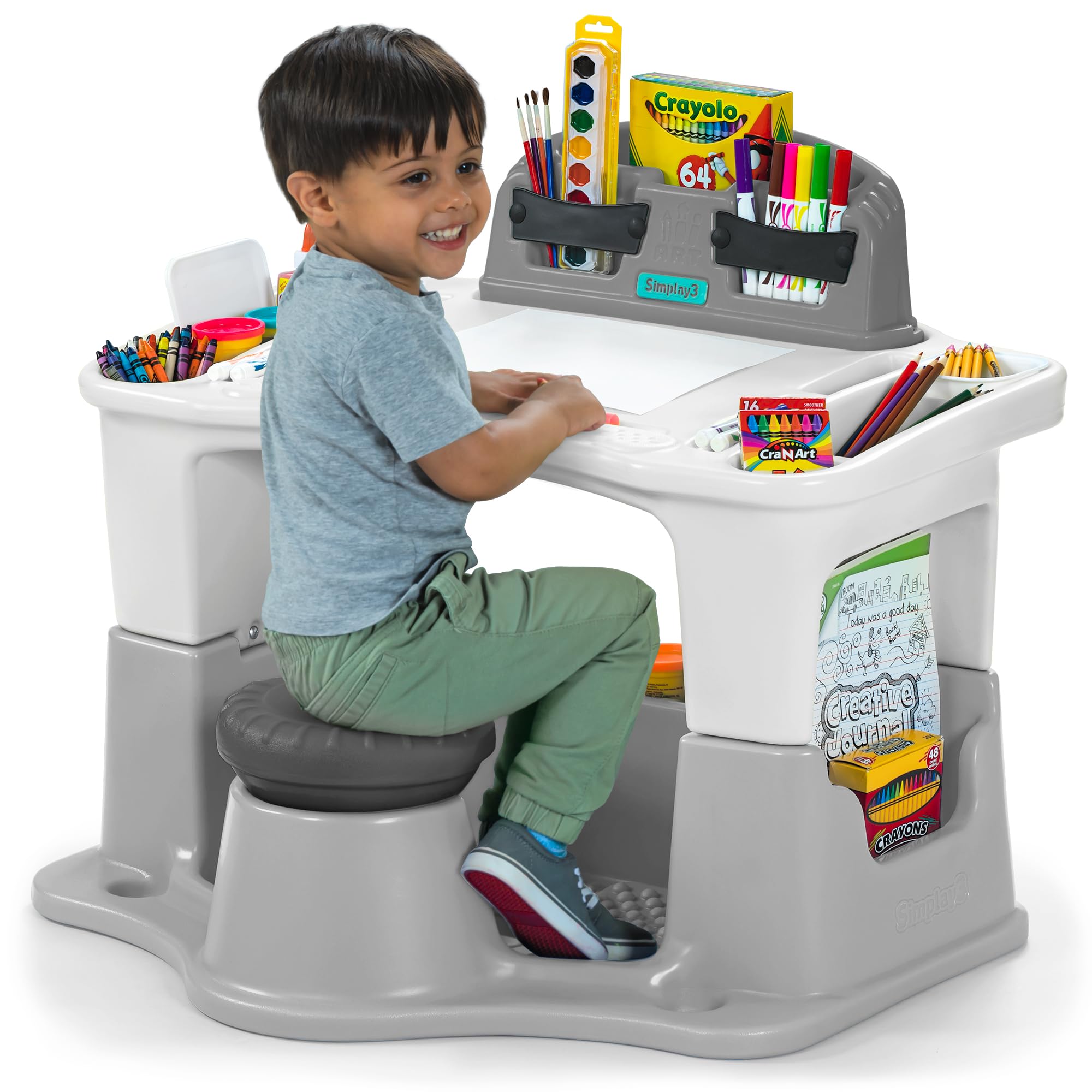 Simplay3 Kids Art Desk and Chair Set with Storage - Creative Drawing Table for Children, Includes Attached Chair & Floor Mat - Perfect for Home, Classroom & Playroom Activities