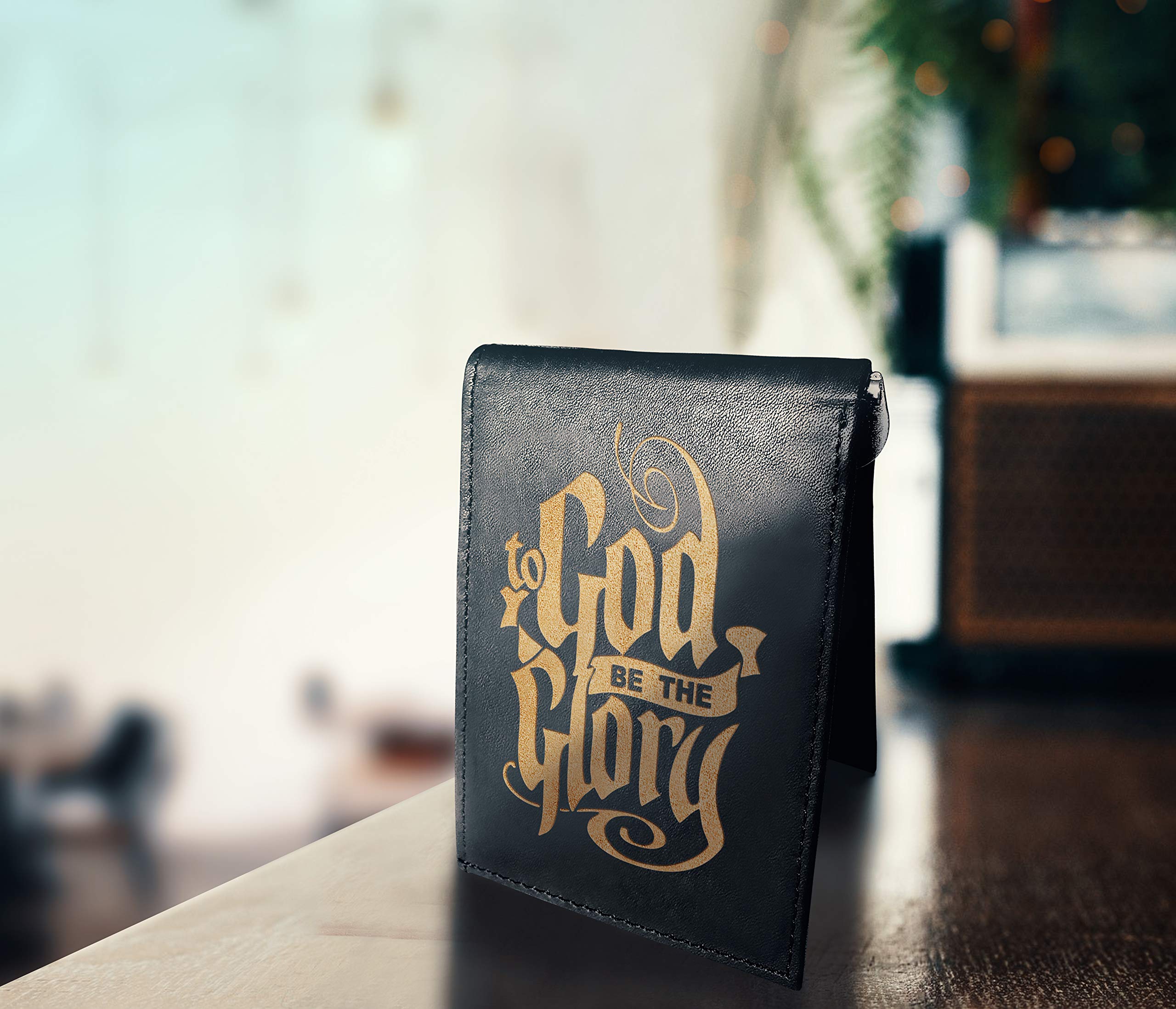 Minimalist Slim RFID Blocking Leather Money Clip Wallet for Men - Laser Engraved Cowhide with 'To God Be The Glory' Design - Perfect for Front Pocket Carry & Daily Use
