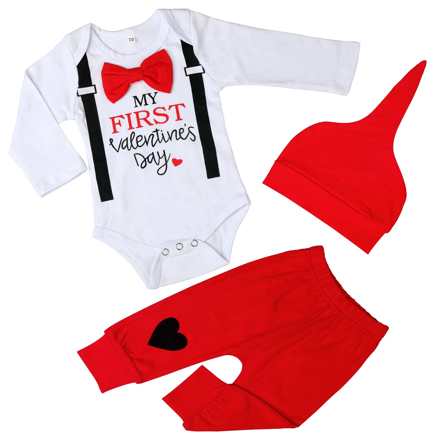 Valentine's Baby Boy Outfit 3PC Set - Long Sleeve, Pants & Hat for First Valentine's Day