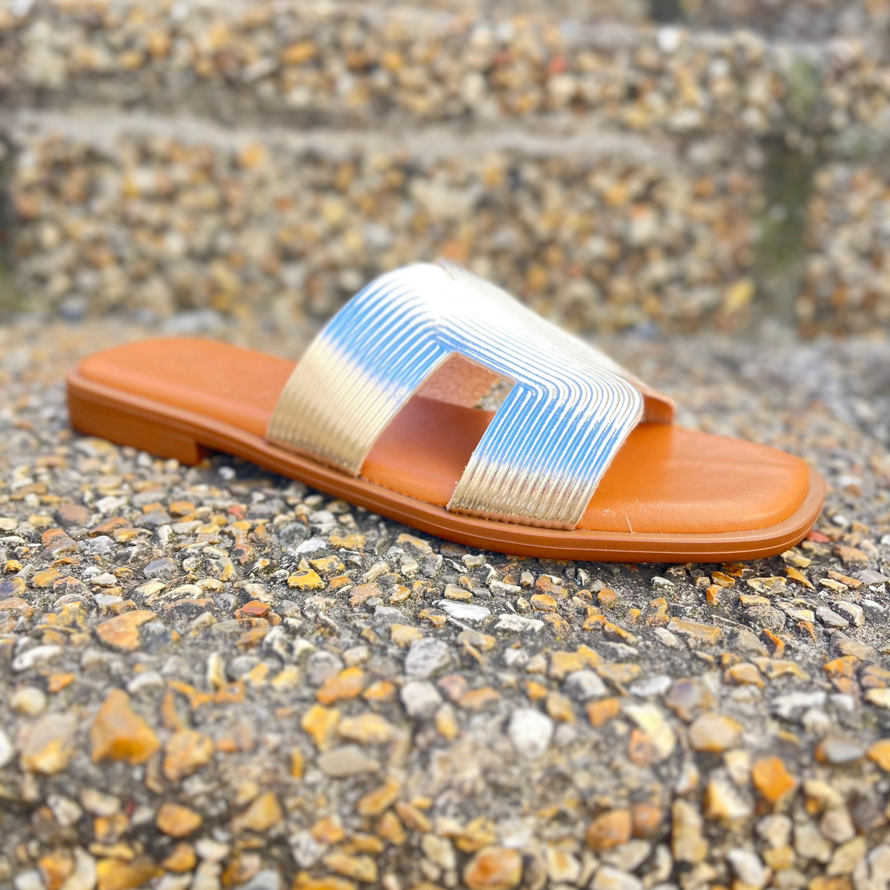 OH MY SANDALS Women's Gold Leather Slide Sandals 5327 - Comfortable Summer Slides for Beach, Pool, and Casual Wear