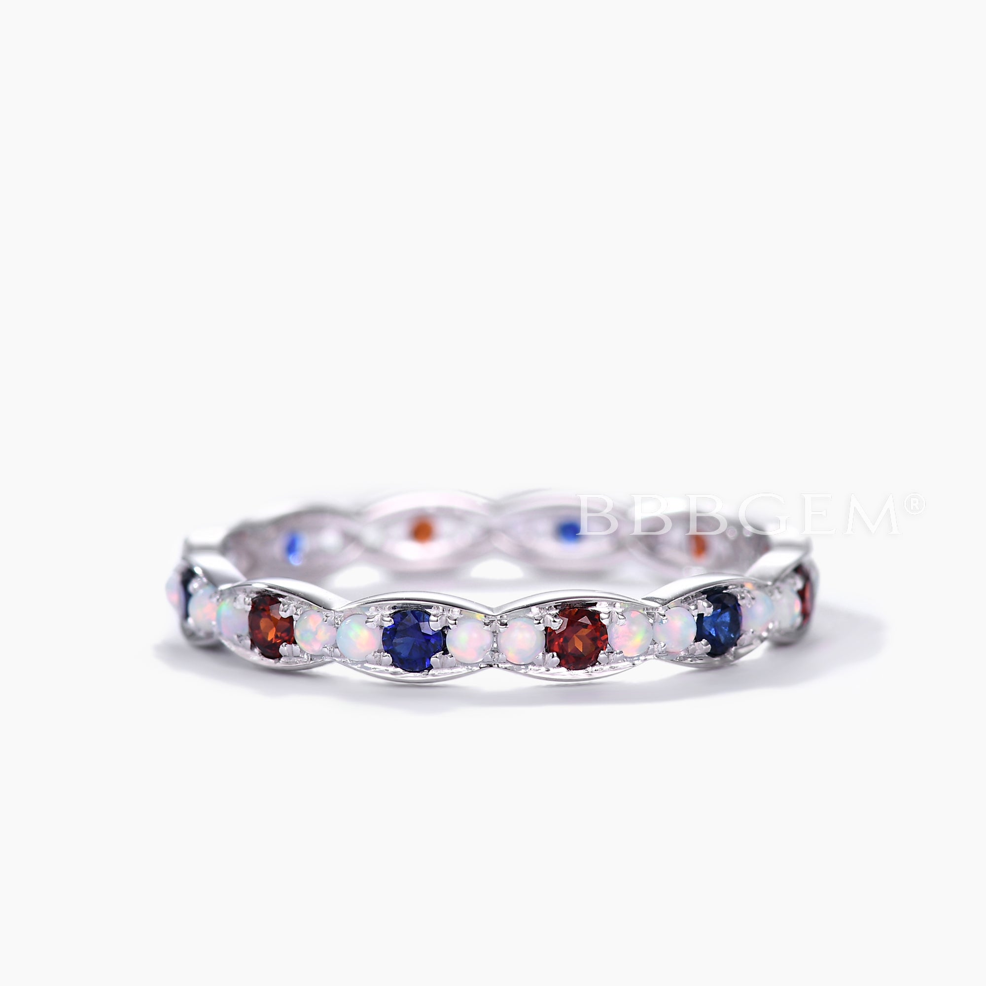 14k White Gold Opal Garnet Sapphire Birthstone Wedding Band - Full Eternity Ring for Anniversary, Engagement & Special Occasions