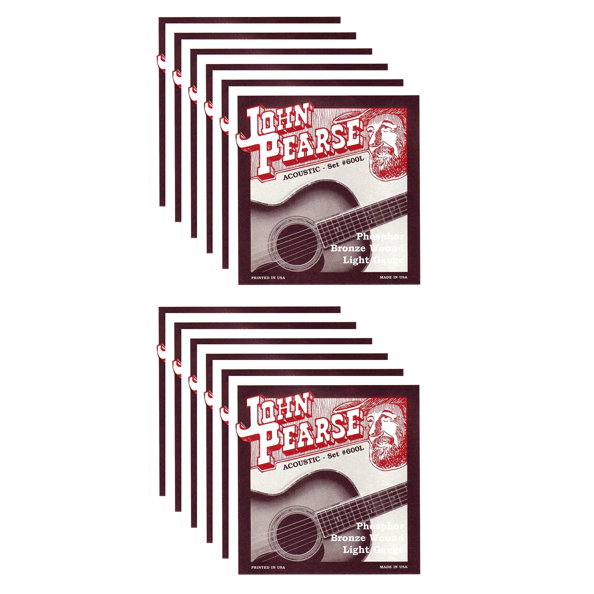 John Pearse Phosphor Bronze Acoustic Guitar Strings - Light 12-53 Gauge (12 Pack Bundle) - Perfect for Folk, Blues & Fingerstyle Playing