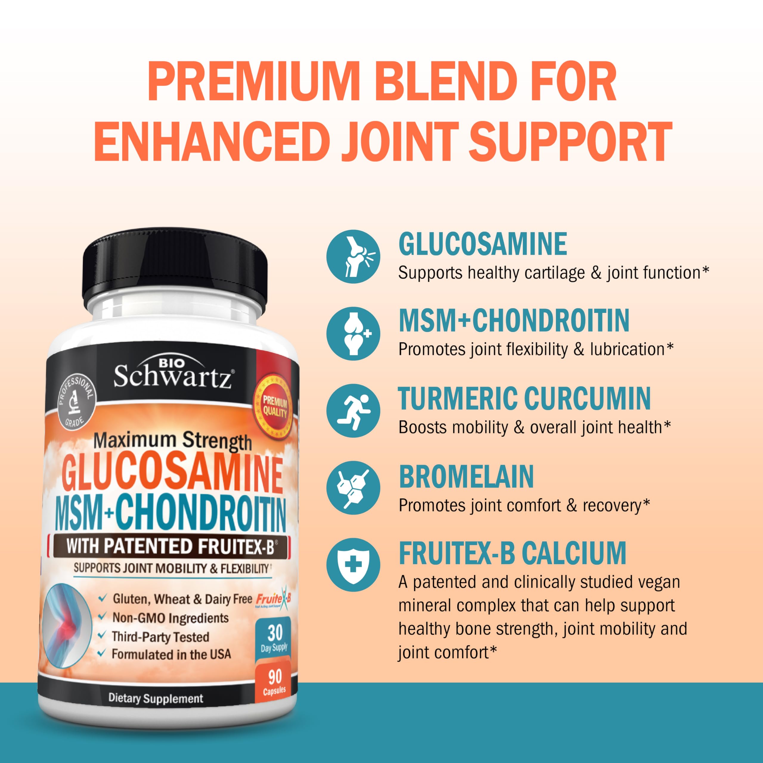 Glucosamine Chondroitin MSM Joint Support Supplement with Collagen Peptides, Turmeric & Hyaluronic Acid - 90 Capsules - FSA/HSA Approved, Gluten Free, Non-GMO - Supports Mobility & Comfort for Active Lifestyles, Athletes & Aging Adults