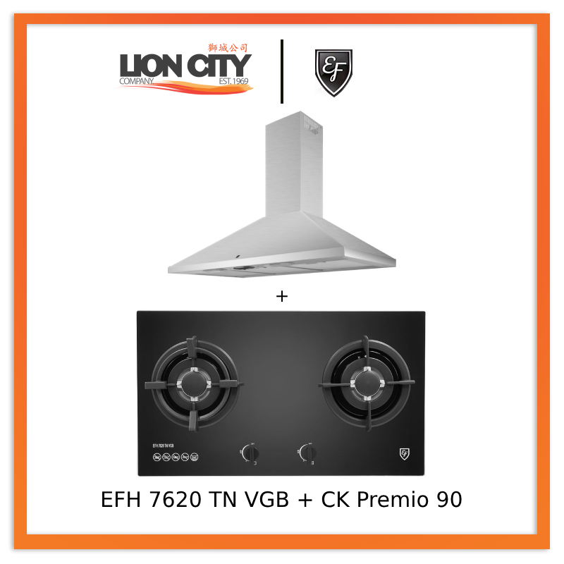 EF CK Premio 90 Stainless Steel Chimney Range Hood with EFH 7620 TN VGB Glass Ceramic Cooktop - Modern Kitchen Ventilation for Home Cooking & Baking