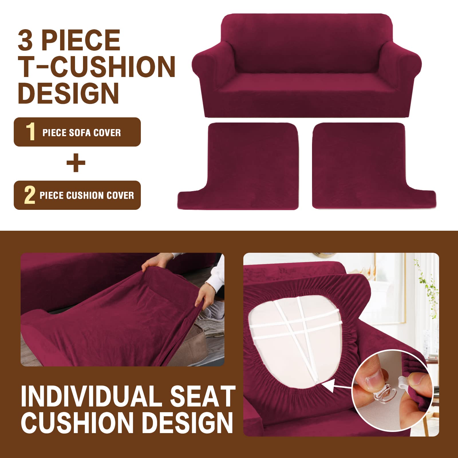 Velvet T-Cushion Sofa Slipcover 3-Piece Set - Soft Stretchable Couch Cover for Loveseat XL with 2 Individual T-Cushion Seat Covers - Burgundy Furniture Protector for Living Room, Apartment & Home Decor