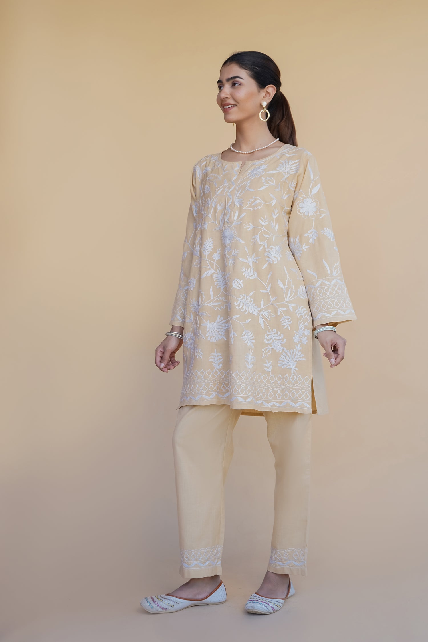 Vanshita Kashmiri Aari Work Cotton Kurta Set - Beige & White Ethnic Outfit for Women | Perfect for Festivals, Weddings & Cultural Events