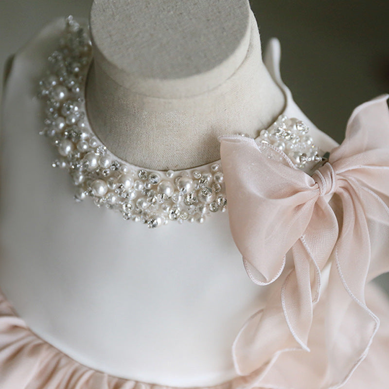 Elegant Champagne Princess Flower Girl Dress with Sparkling Sequins & Bow - Perfect for Weddings, Pageants & Special Occasions