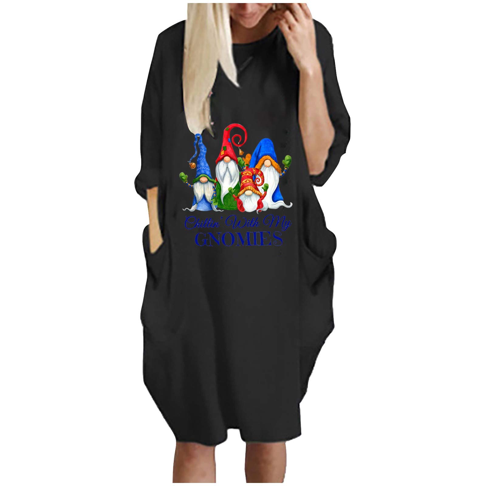 NaRHbrg Women's Casual Loose Oversize Santa Print T-Shirt Dress - Short Sleeve Graphic Maxi Dress with Pockets | Perfect for Summer Outfits, Beach Wear & Casual Street Style
