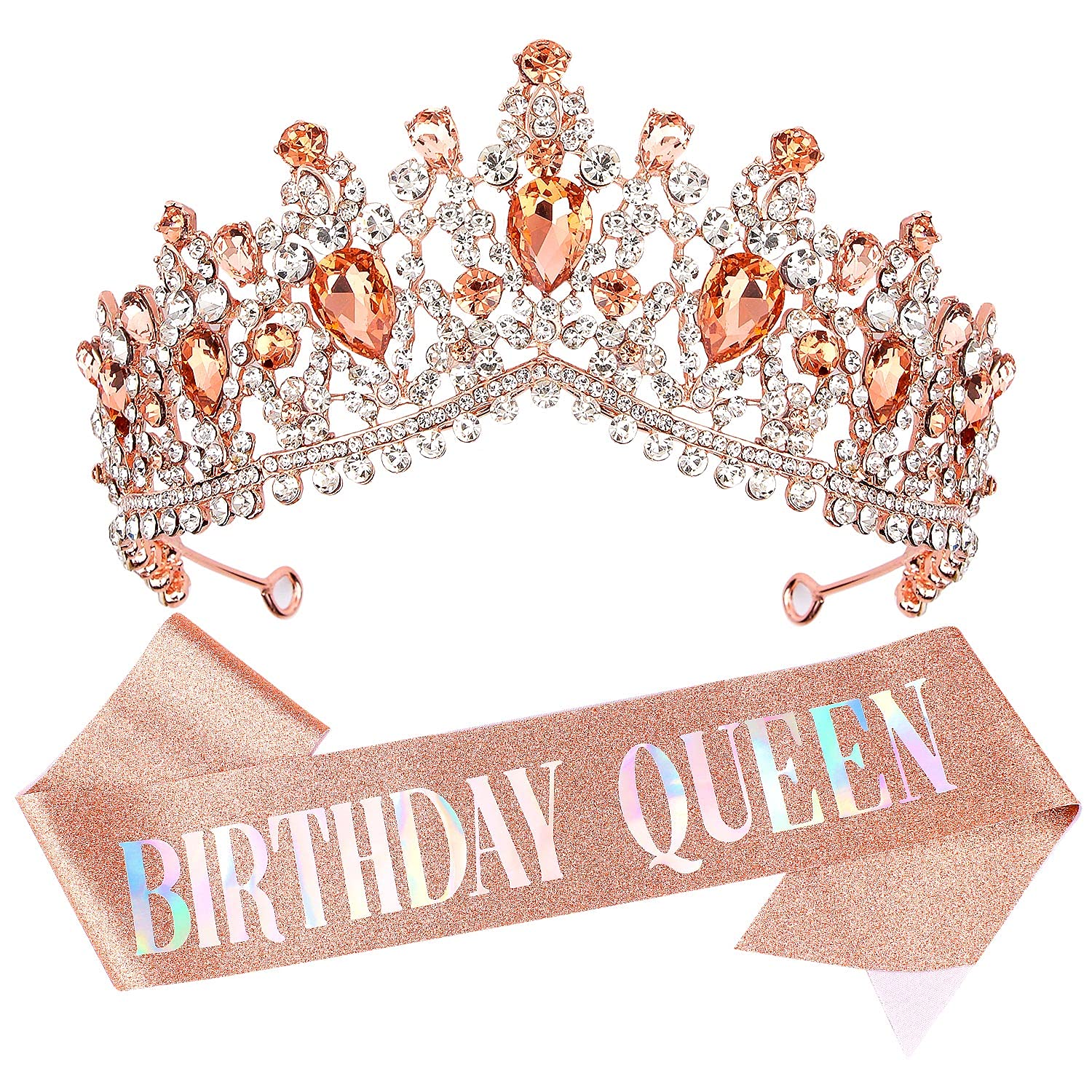 Elegant Rose Gold Birthday Tiara & Sash Set for Women - Queen Crown Headpiece with Rhinestones - Perfect for Birthday Parties, Bachelorette, Bridal Showers & Special Celebrations
