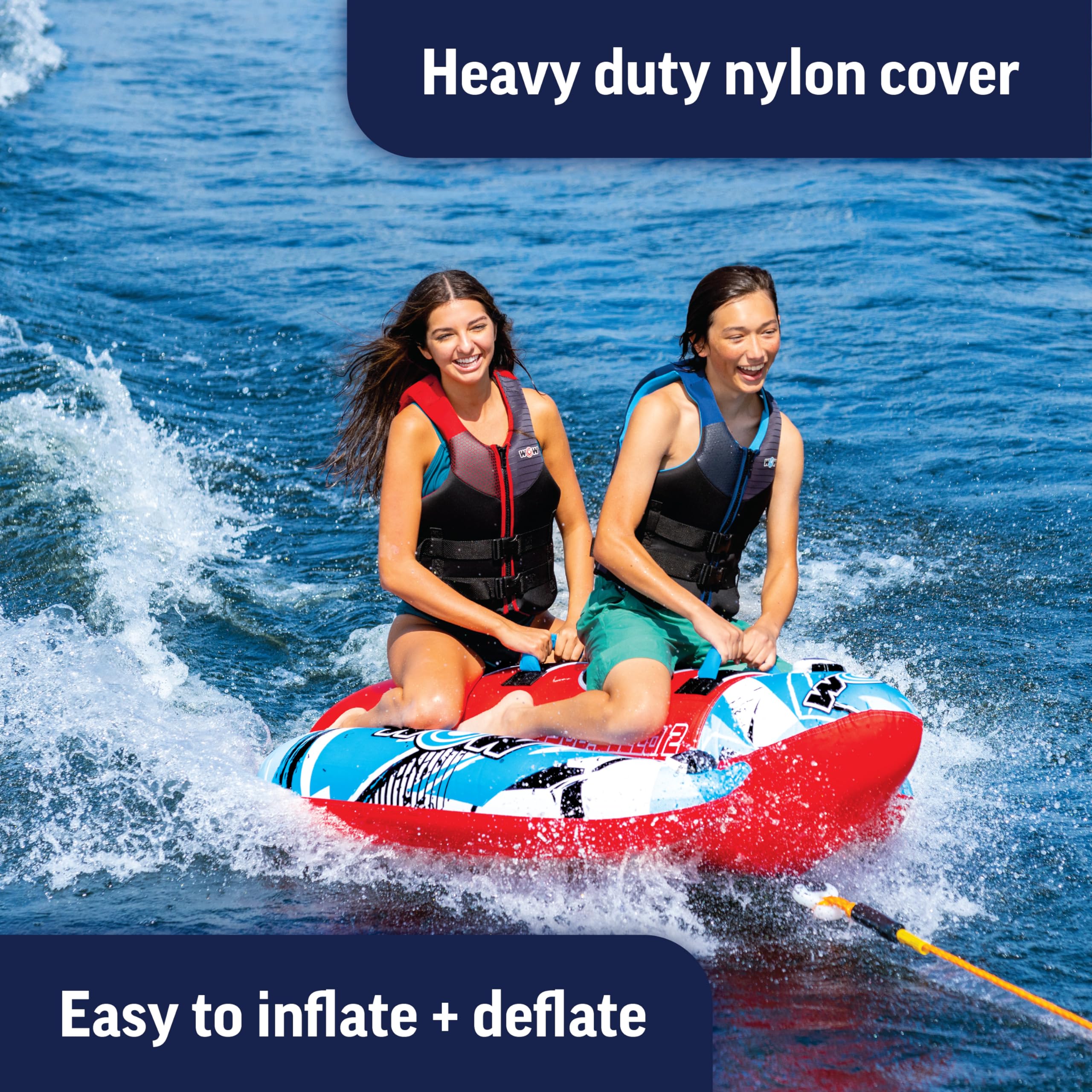 WOW Sports Super Sub Towable Tube for Boating - 1-2 Person Inflatable Water Tube with 340 lbs Capacity - Perfect for Water Sports, Lake & Ocean Fun - Great for Youth & Adults